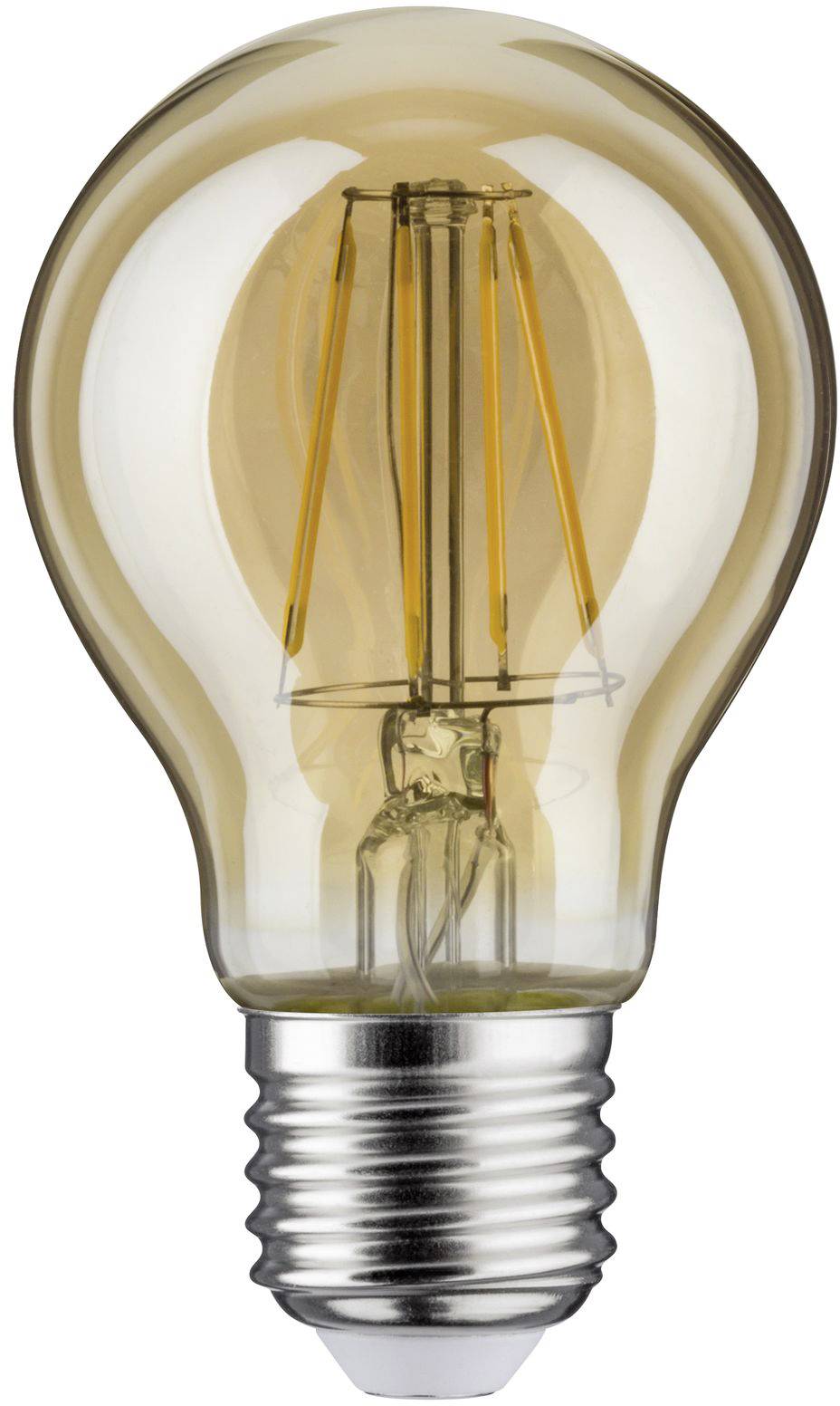 Eine Glühbirne mit sichtbarem Glühdraht und E27-Sockel. Sie ist transparent und leicht getönt.