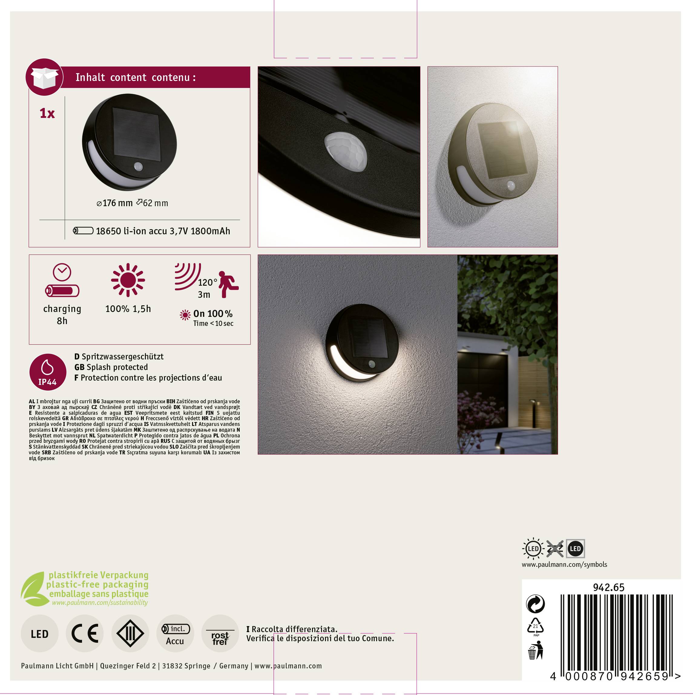 Paulmann 94265 Solar-Wandlampe 3W Warmweiß Anthrazit