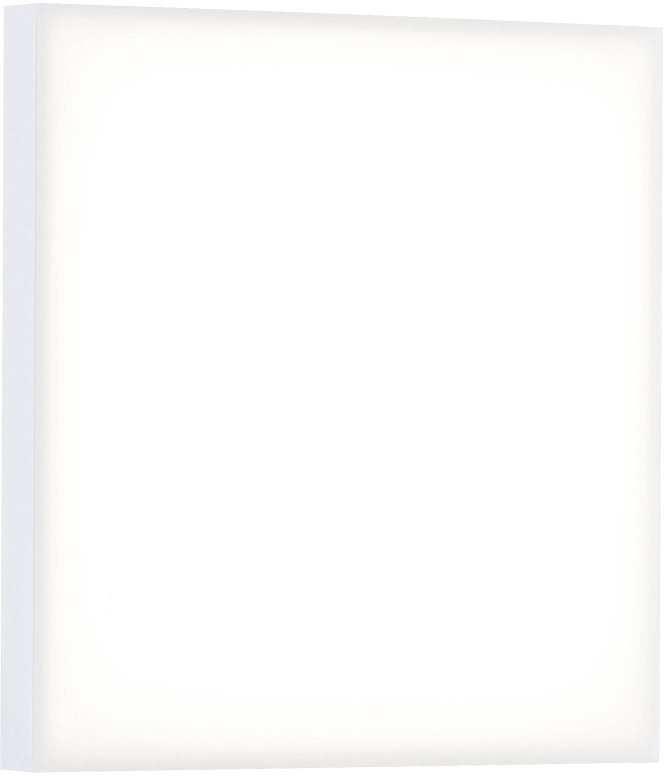 Weiße, quadratische LED-Leuchte mit sanft glühendem Licht, geeignet für moderne Innenräume oder Arbeitsplätze.