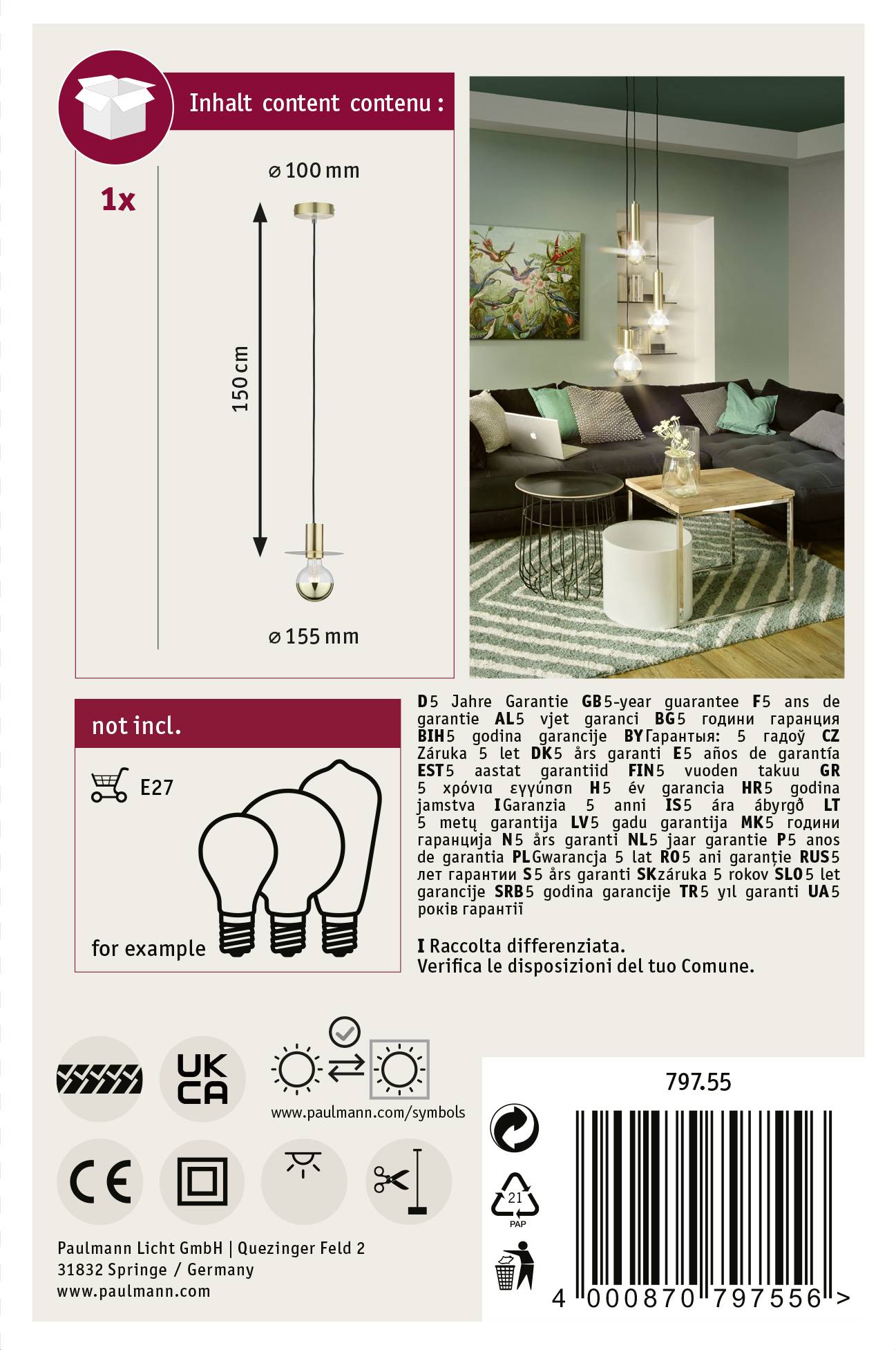 Paulmann Stian 79755 Pendelleuchte LED E27 Messing (gebürstet)