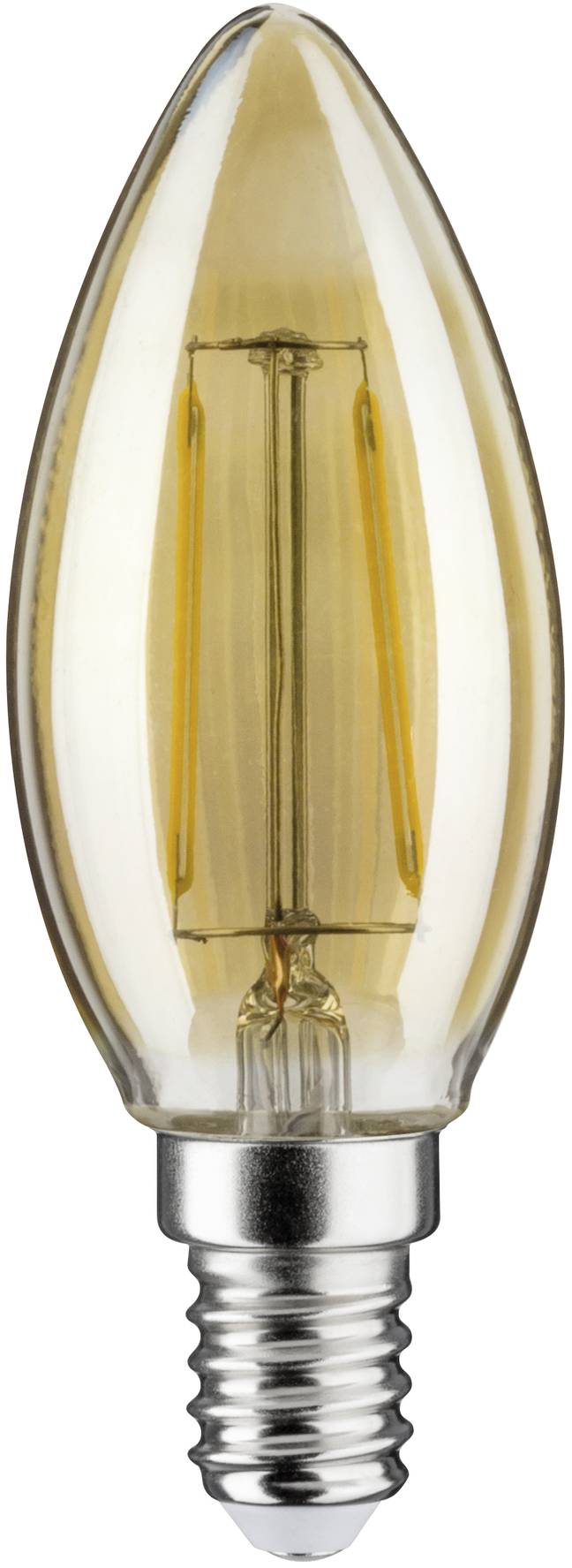Eine einzelne LED-Kerzenlampe mit E14-Sockel, tropfenförmig und transparent, zeigt innenliegende Filamente.