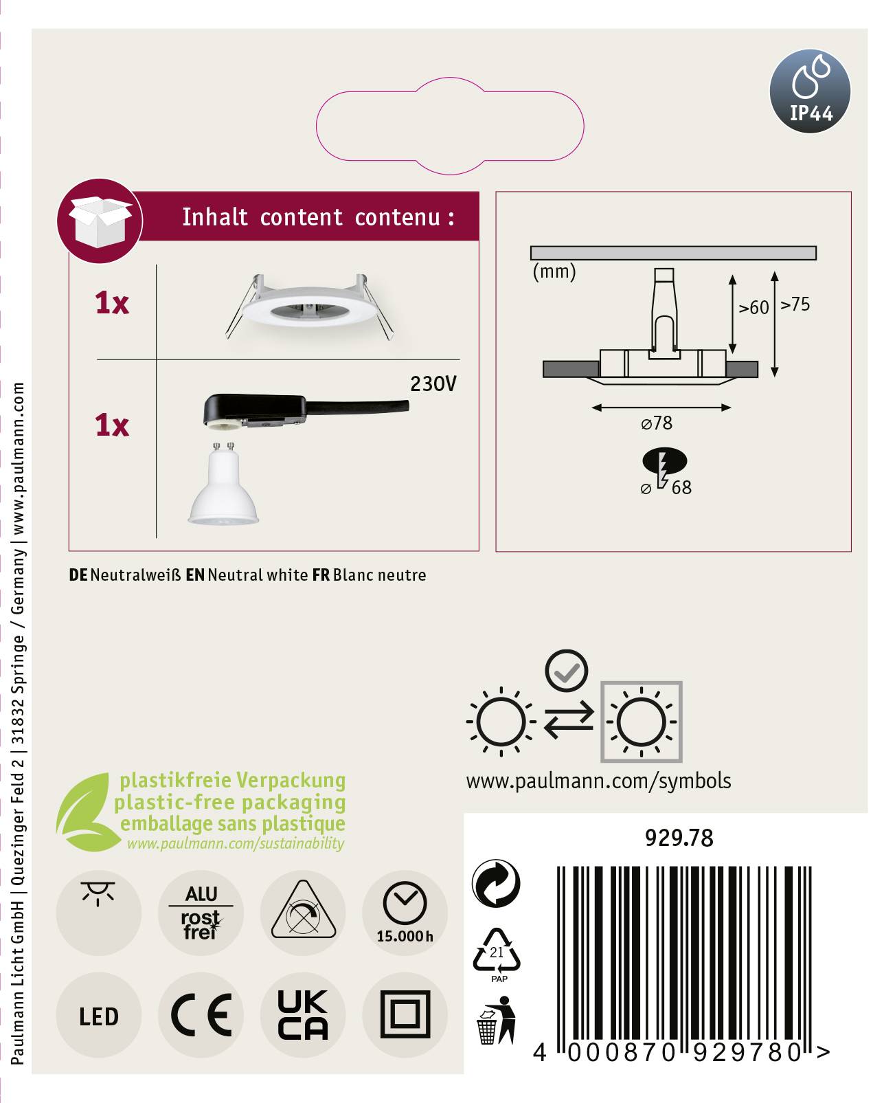 Paulmann 92978 LED-Einbauleuchte LED GU10 6.5W Weiß (matt)