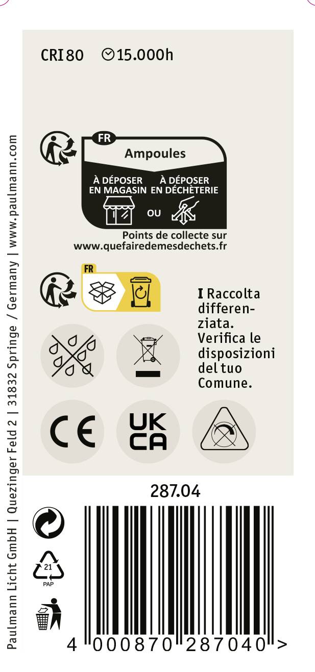Etikett für Glühbirnen mit Recyclinginformationen, Sammelhinweise, Logos für verschiedene Recyclingsymbole und einer Internetadresse für weitere Details.