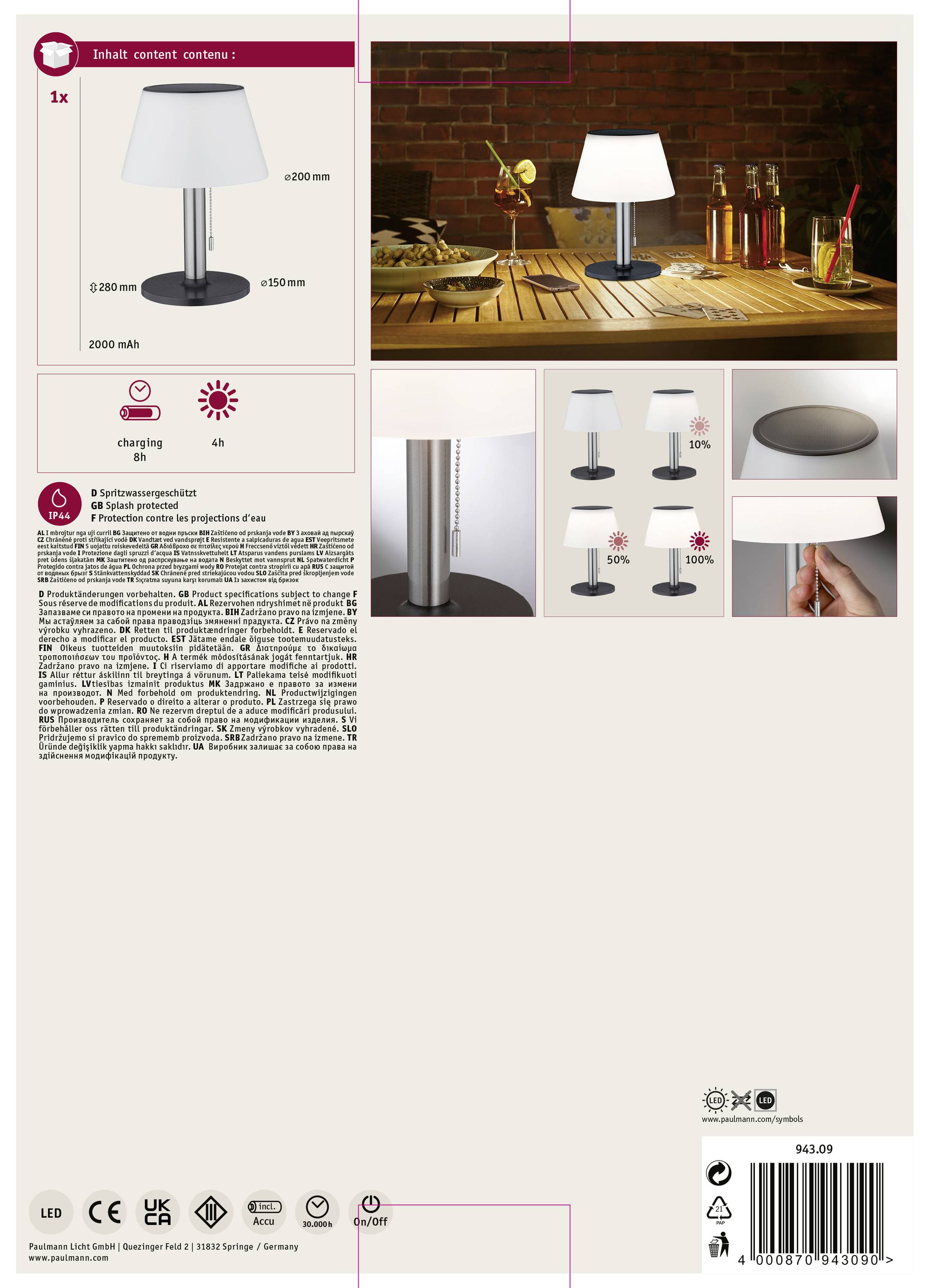 Paulmann 94309 Solar-Tischlampe 0.8W Warmweiß Edelstahl