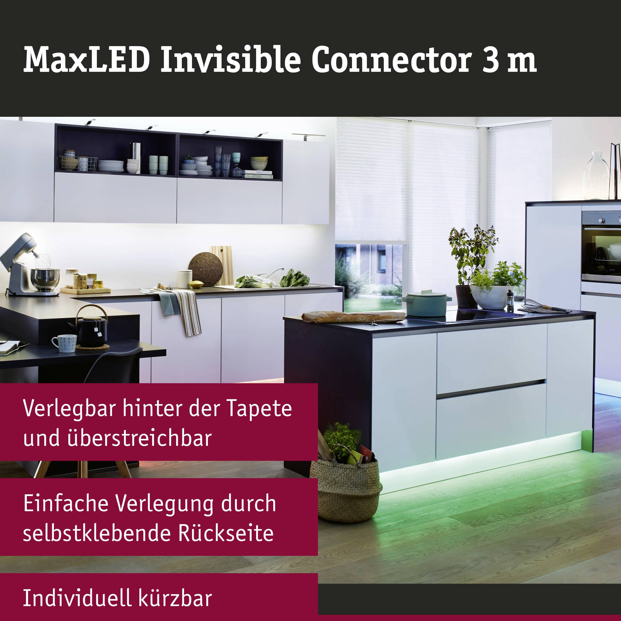 Moderne Küche mit LED-Beleuchtung unter den Schränken. Text: MaxLED Invisible Connector 3 m, Verlängerbar, Individuell kürzbar.