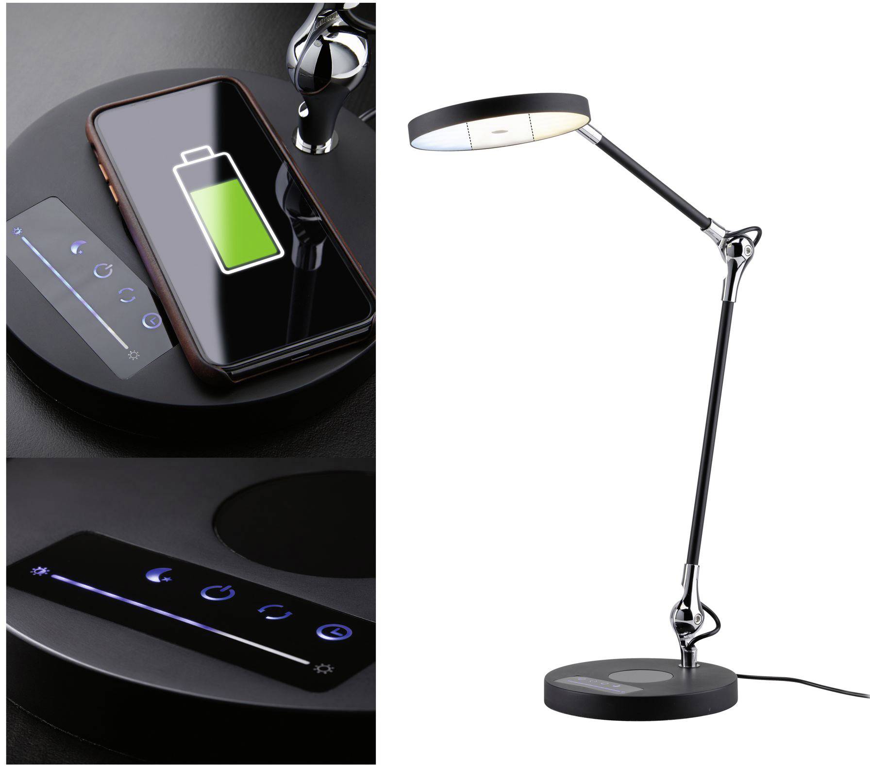 Eine schwarze Tischlampe mit verstellbarem Arm. Daneben eine kabellose Ladestation mit einem Telefon, das mit einem Batteriesymbol aufgeladen wird.