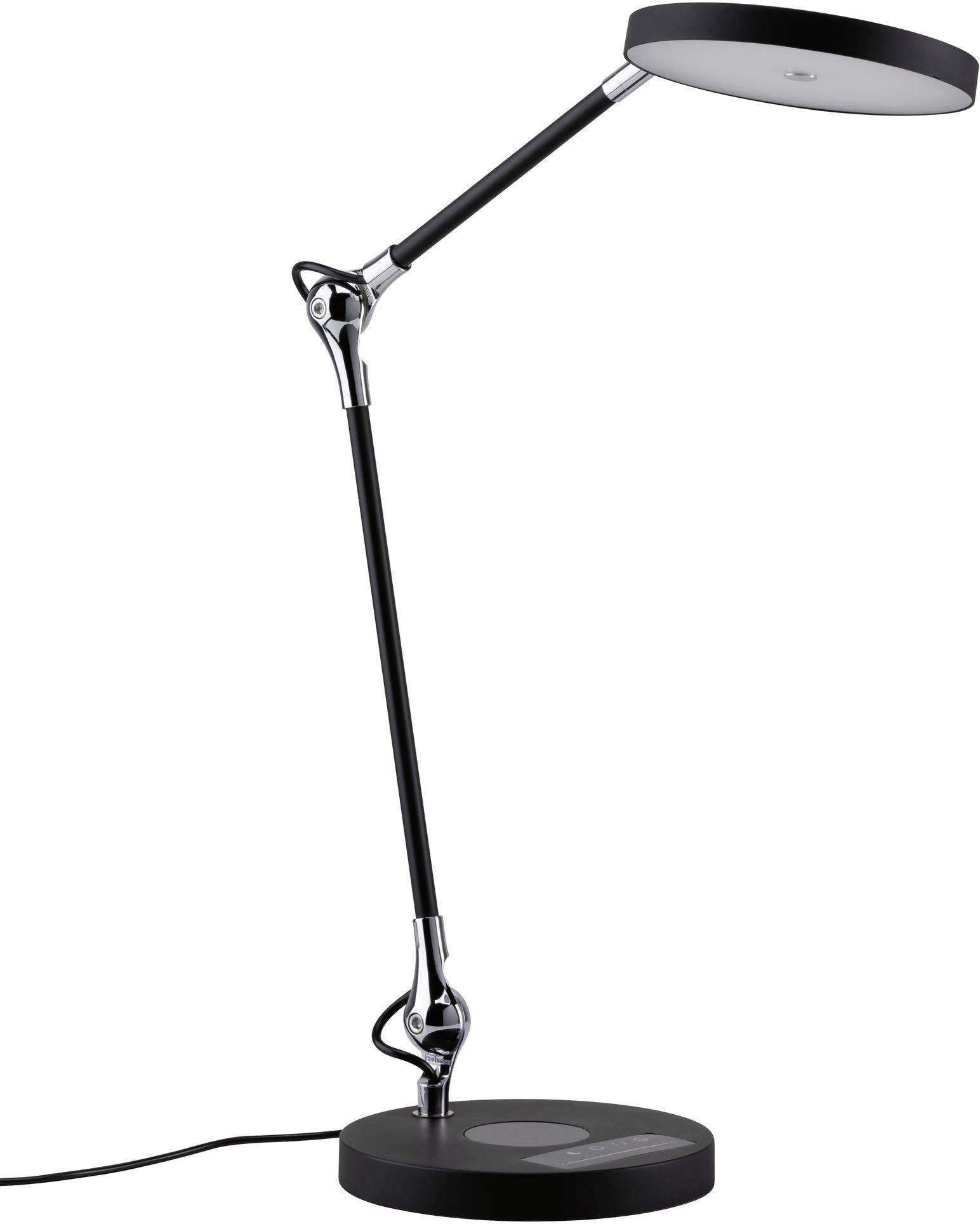 Schwarze Schreibtischlampe mit verstellbarem Arm, rundem Fuß und flachem Leuchtkopf.