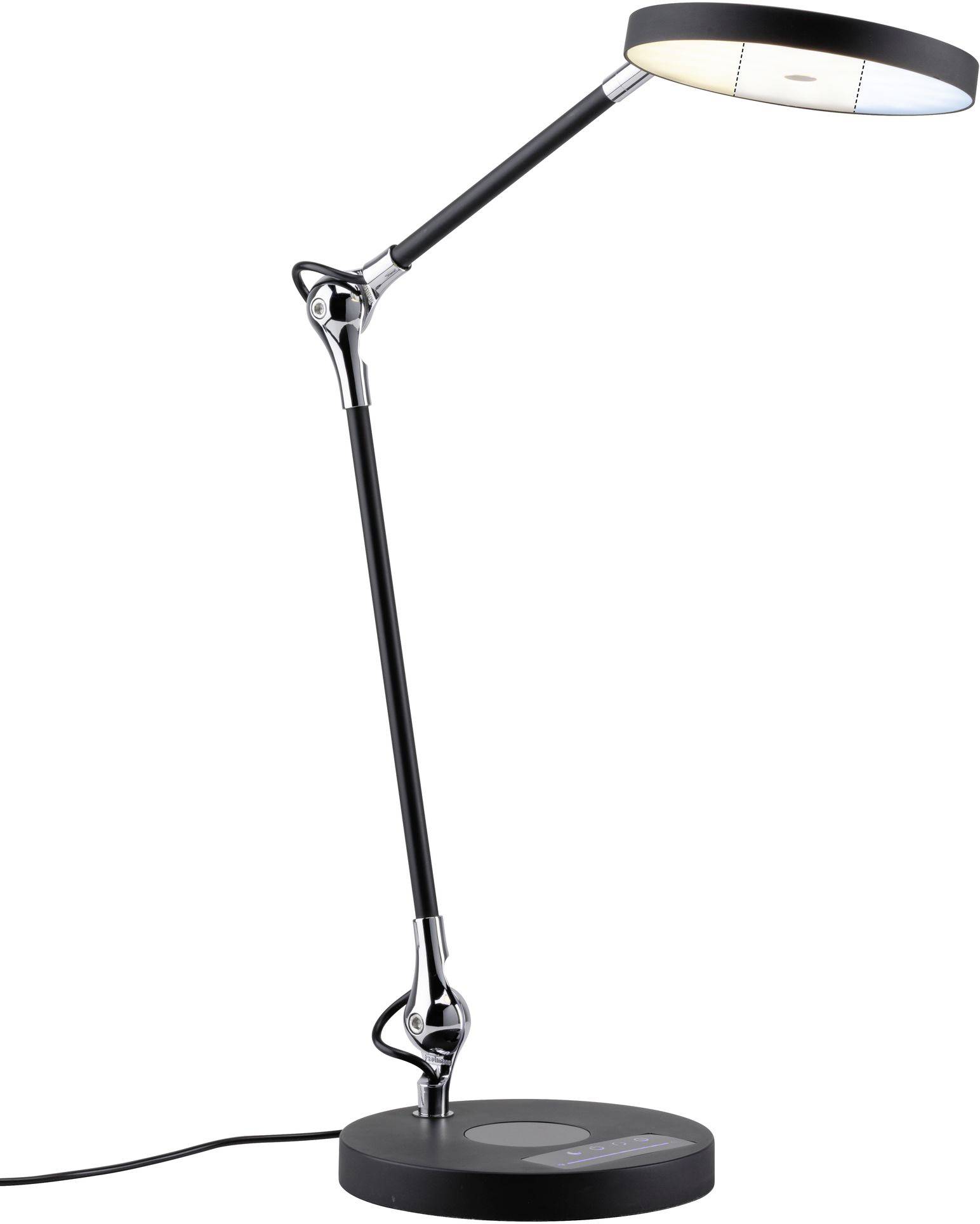 Moderne schwarze Schreibtischlampe mit verstellbarem Arm und rundem Leuchtkopf auf stabilem, kreisförmigem Fuß, seitlich fotografiert.
