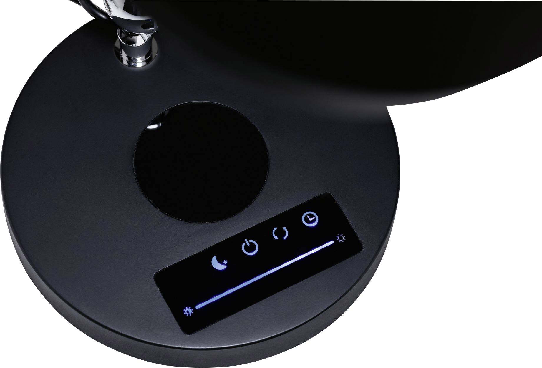 Eine runde schwarze Lampenbasis mit einem Touch-Panel zeigt Symbole für Mond, Ein/Aus, Timer und Helligkeitsregler.