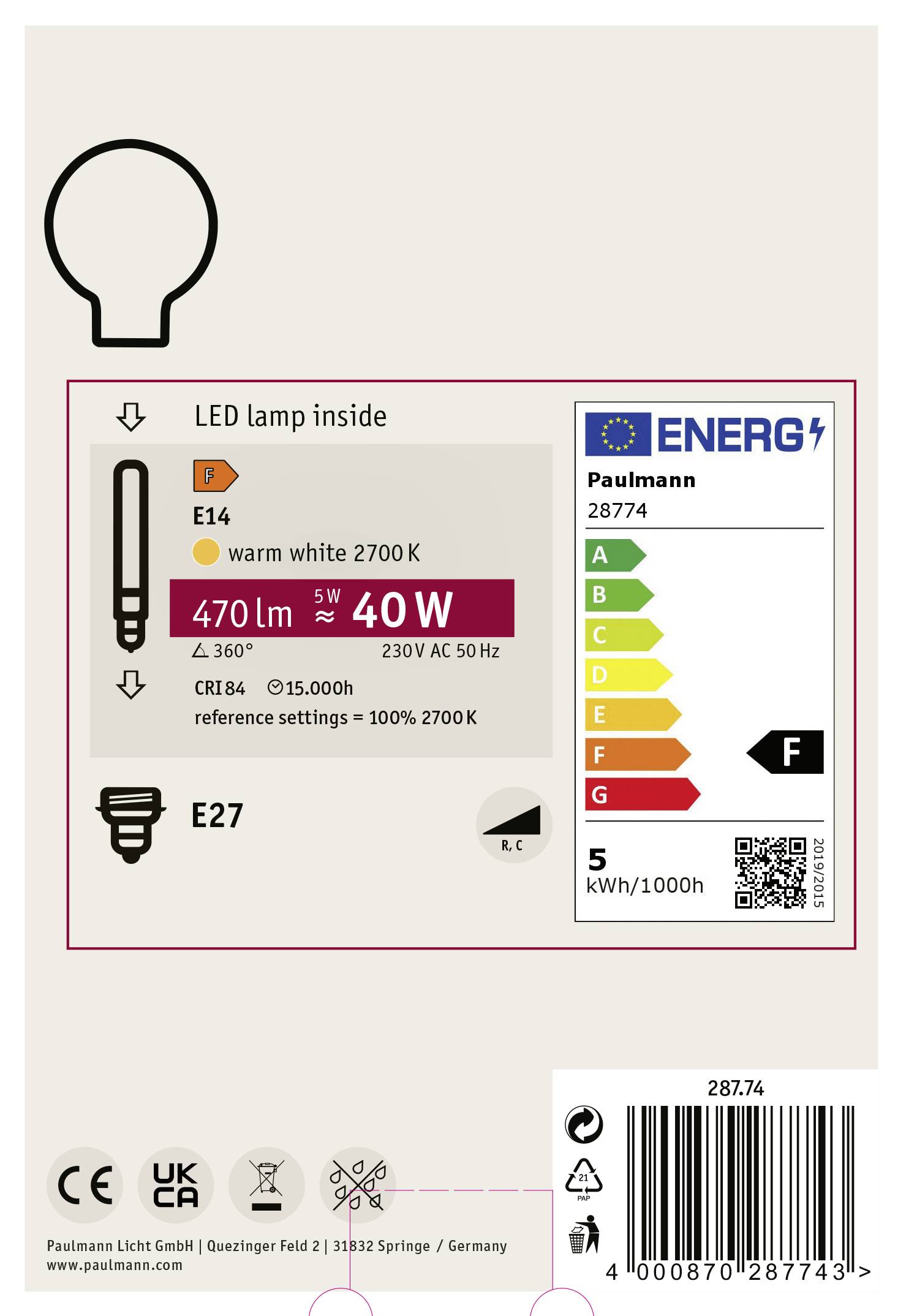 Energieetikett für LED-Lampe von Paulmann: E27, 5W, warmweiß 2700K, 470 Lumen, Energieklasse F, 5 kWh/1000h, 230V, 50Hz.