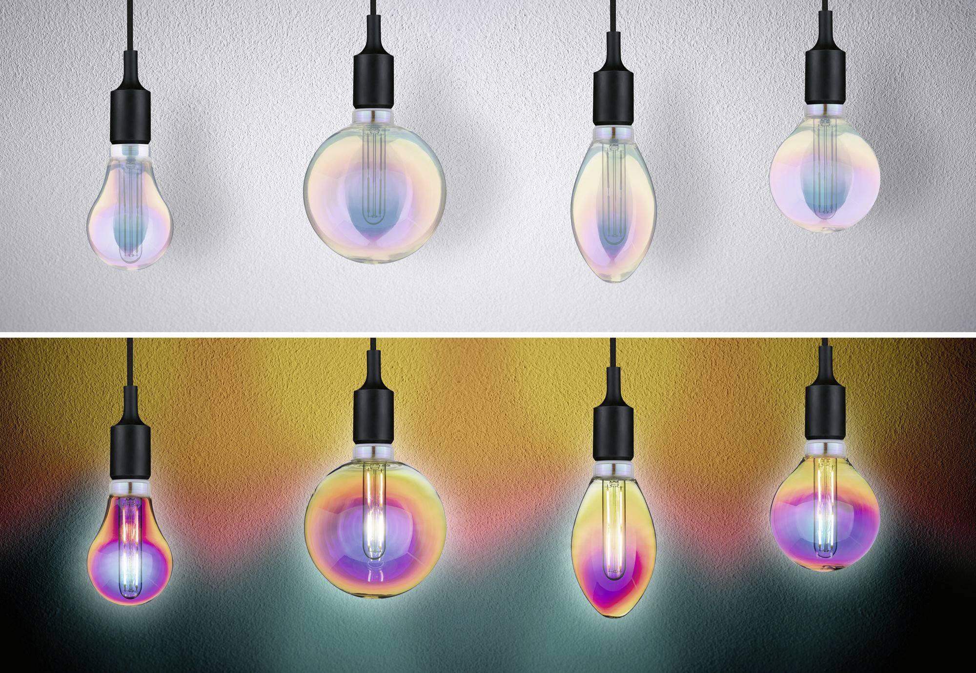 Sechs hängende Glühbirnen in zwei Reihen. Oben neutral, unten leuchtend in Regenbogenfarben vor farbigem Hintergrund.