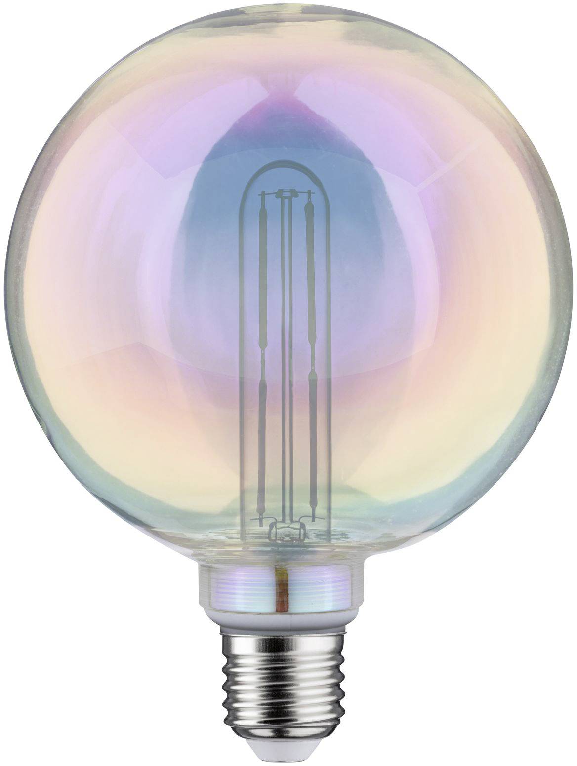 Glühbirne mit bunter, schillernder Oberfläche. Moderne LED-Technologie; dekorativ und energieeffizient.