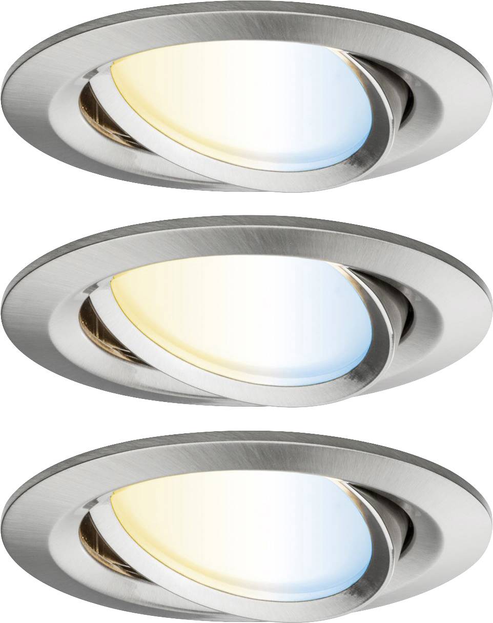 Drei LED-Deckenleuchten in verschiedenen Lichttönen: warmweiß, neutralweiß und kaltweiß. Runde, schwenkbare Edelstahlrahmen.