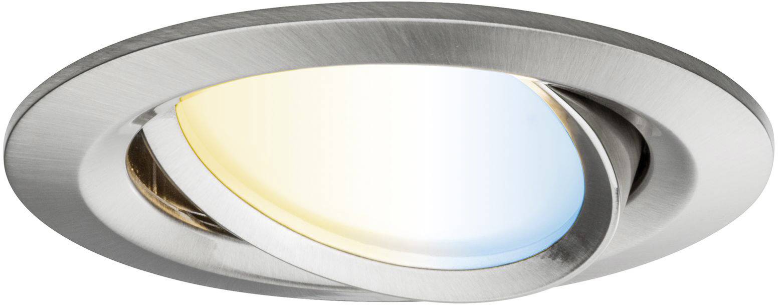 Runde, silberne LED-Einbauleuchte mit verstellbarem Kopf. Eine Seite leuchtet warmweiß, die andere kaltweiß. Energiesparend.