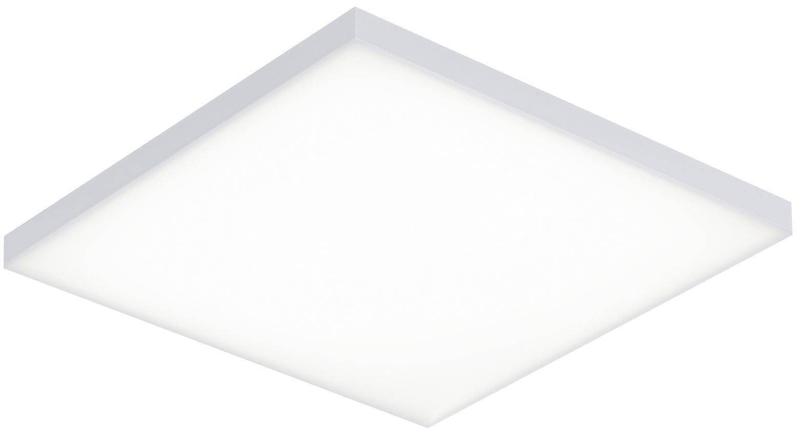 Ein quadratisches, flaches LED-Paneel, das helles, weißes Licht ausstrahlt. Geeignet für die Deckenmontage in Innenräumen.