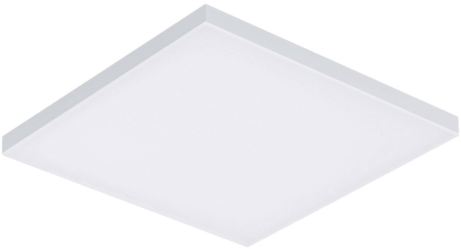 Weiße, quadratische LED-Deckenleuchte auf weißem Hintergrund. Modernes und schlichtes Design.