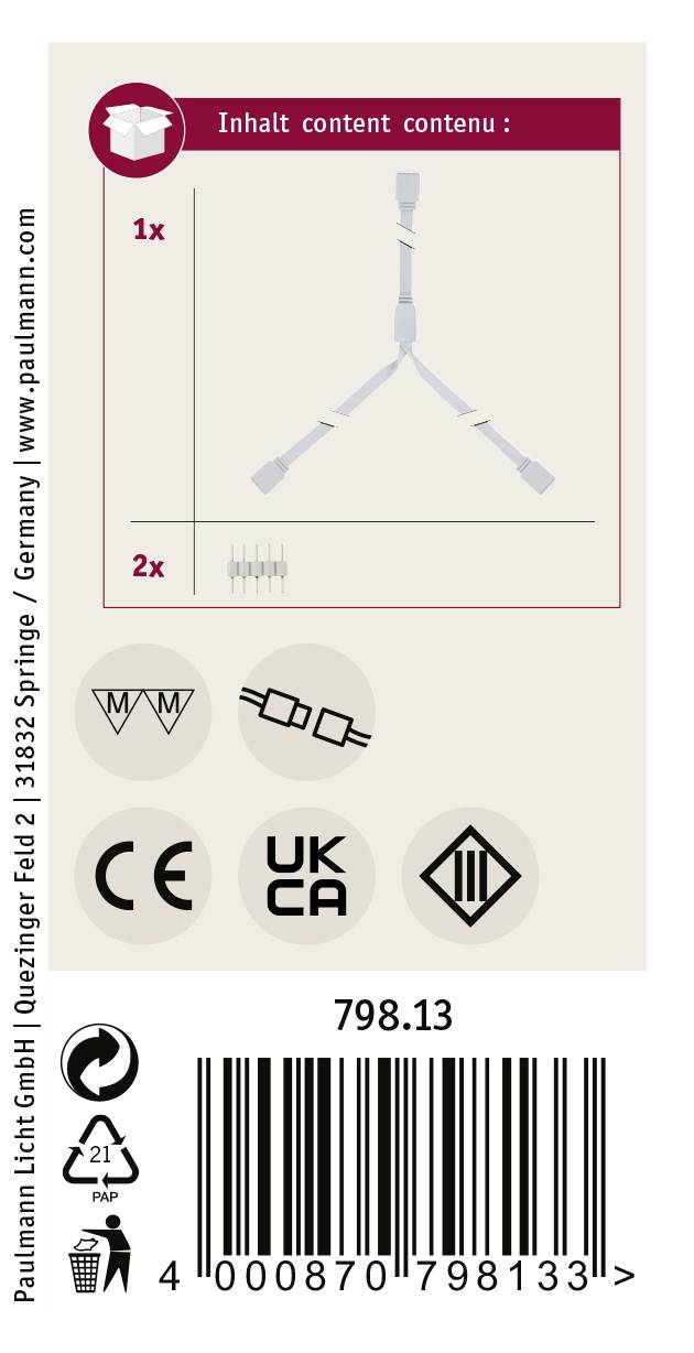 Verpackungsinhalt: 1x Verteilerkabel, 2x Steckverbinder. Symbole: CE, UKCA. Barcode unten.