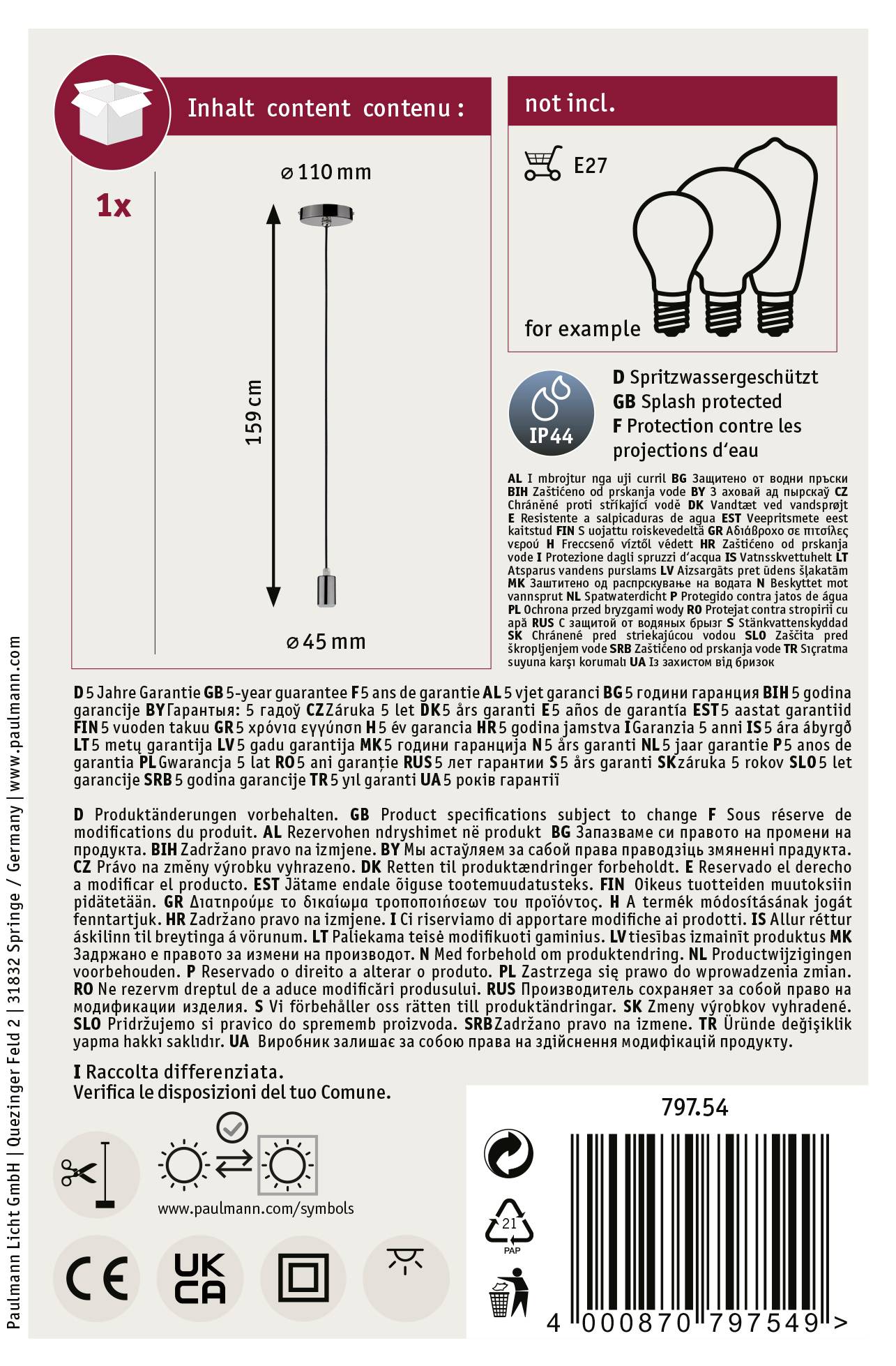Paulmann Larus 79754 Pendelleuchte LED E27 Schwarz-Chrom