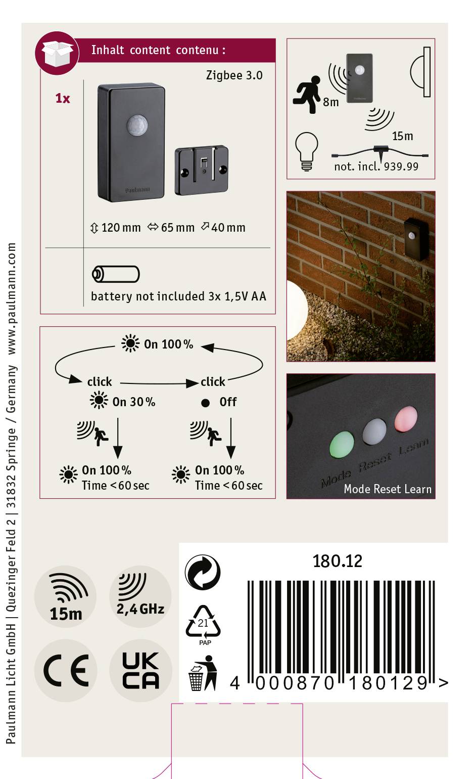 Paulmann wireless twilight sensor Zigbee 18012 Beleuchtungssystem Plug & Shine ZigBee LED Anthrazit