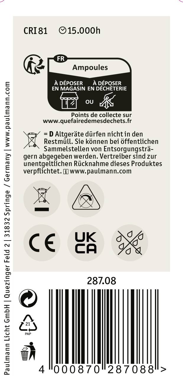 Etikett einer Lampe mit Nutzungsangaben: CRI 81, 15.000h Lebensdauer. Entsorgungshinweis und europäische Konformitätszeichen.