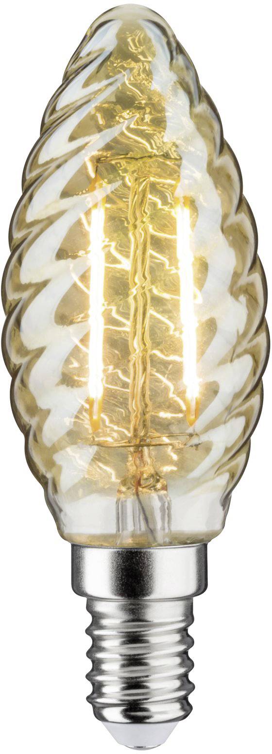 LED-Kerzenlampe mit Schraubsockel, spiralförmiger Glaskörper. Sie strahlt warmes Licht aus und wird oft dekorativ in Kronleuchtern verwendet.