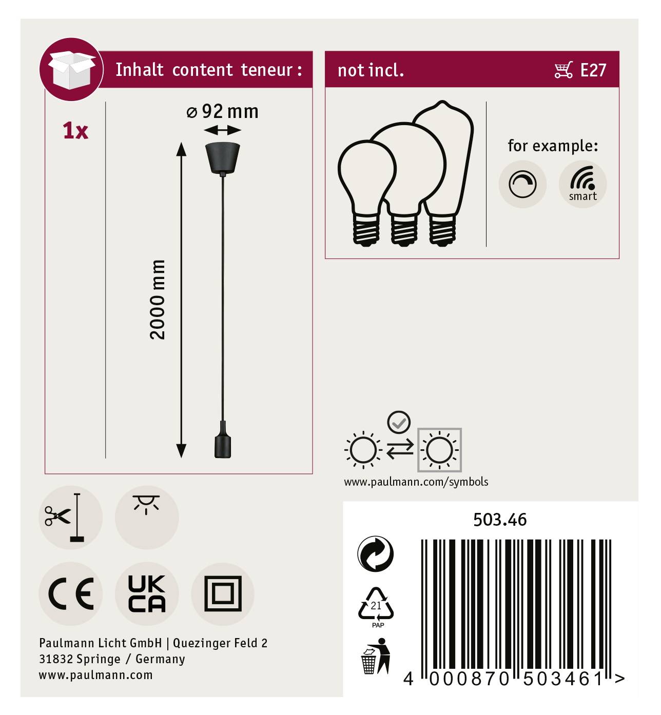 Verpackungsaufkleber für eine Hängelampe: Durchmesser 92mm, Länge 2000mm, benötigt E27-Glühbirne (nicht enthalten). CE-, UKCA- und F-Zeichen.