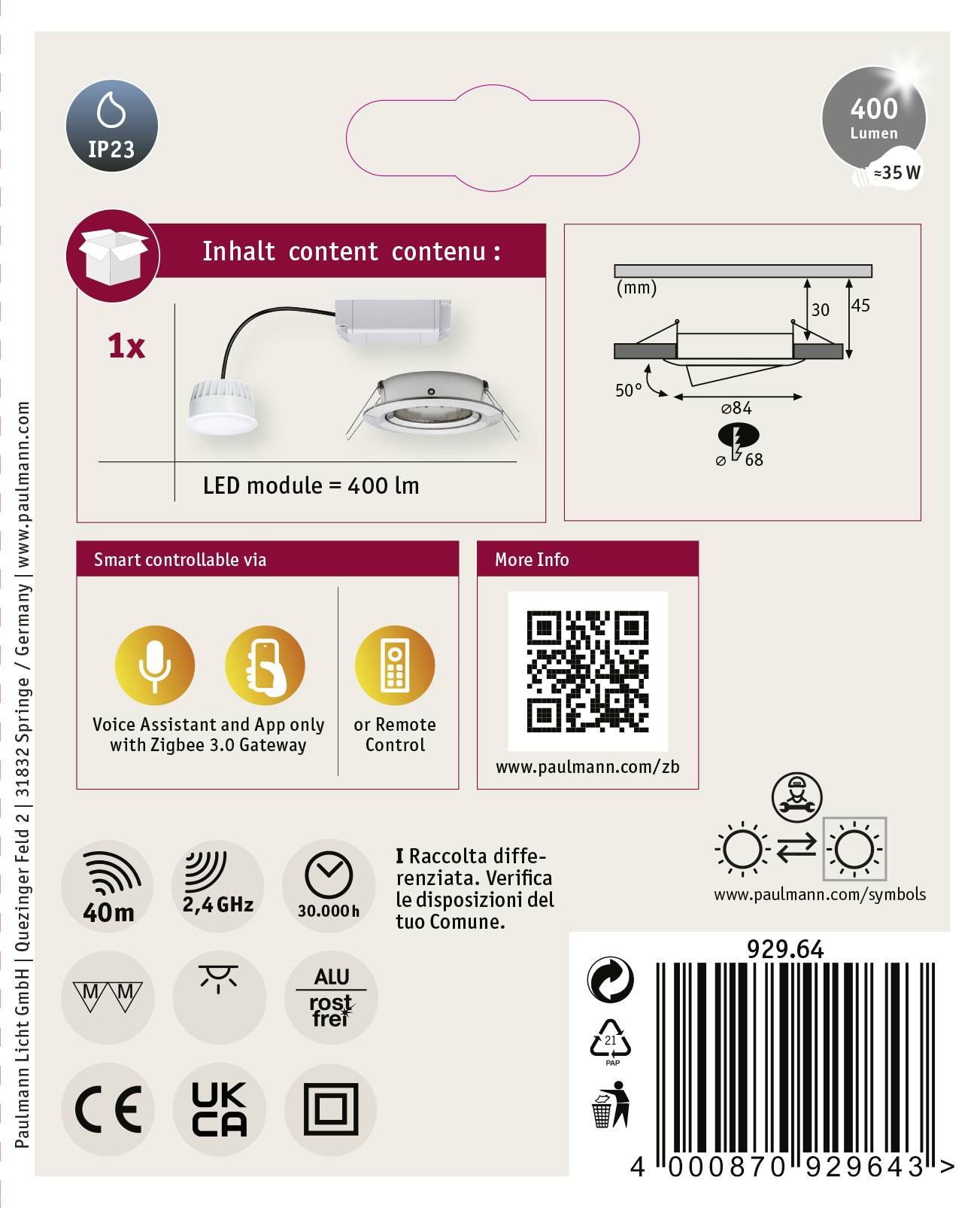 Paulmann 92964 LED-Einbauleuchte LED 5.2W Eisen (gebürstet)