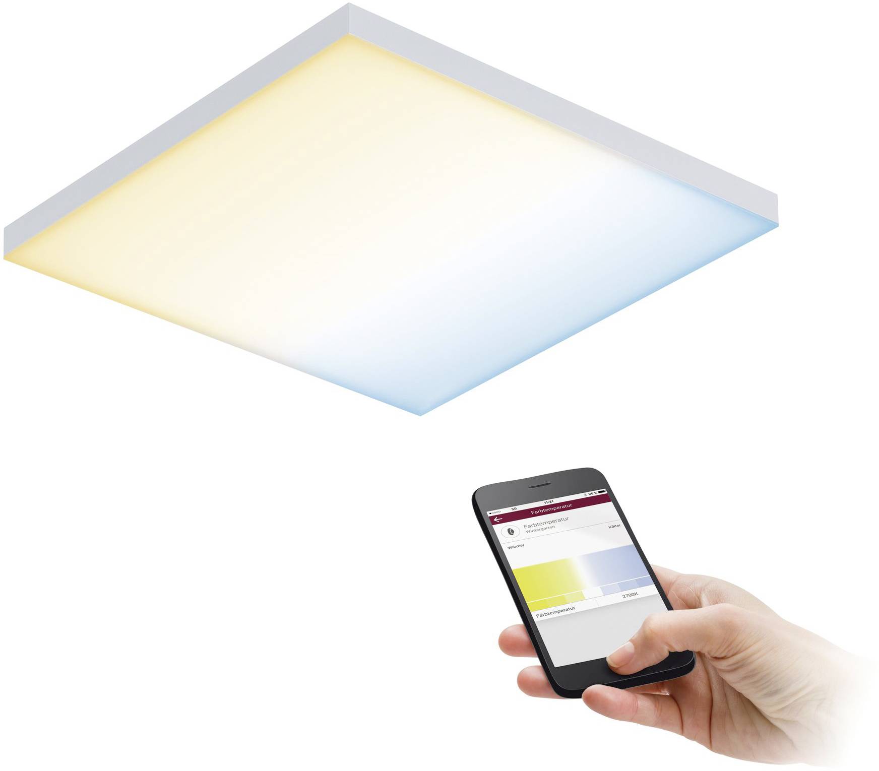 LED-Deckenleuchte, rechteckig, mit wechselbarem Farbton. Eine Hand hält ein Smartphone zur Steuerung der Lichtfarben.