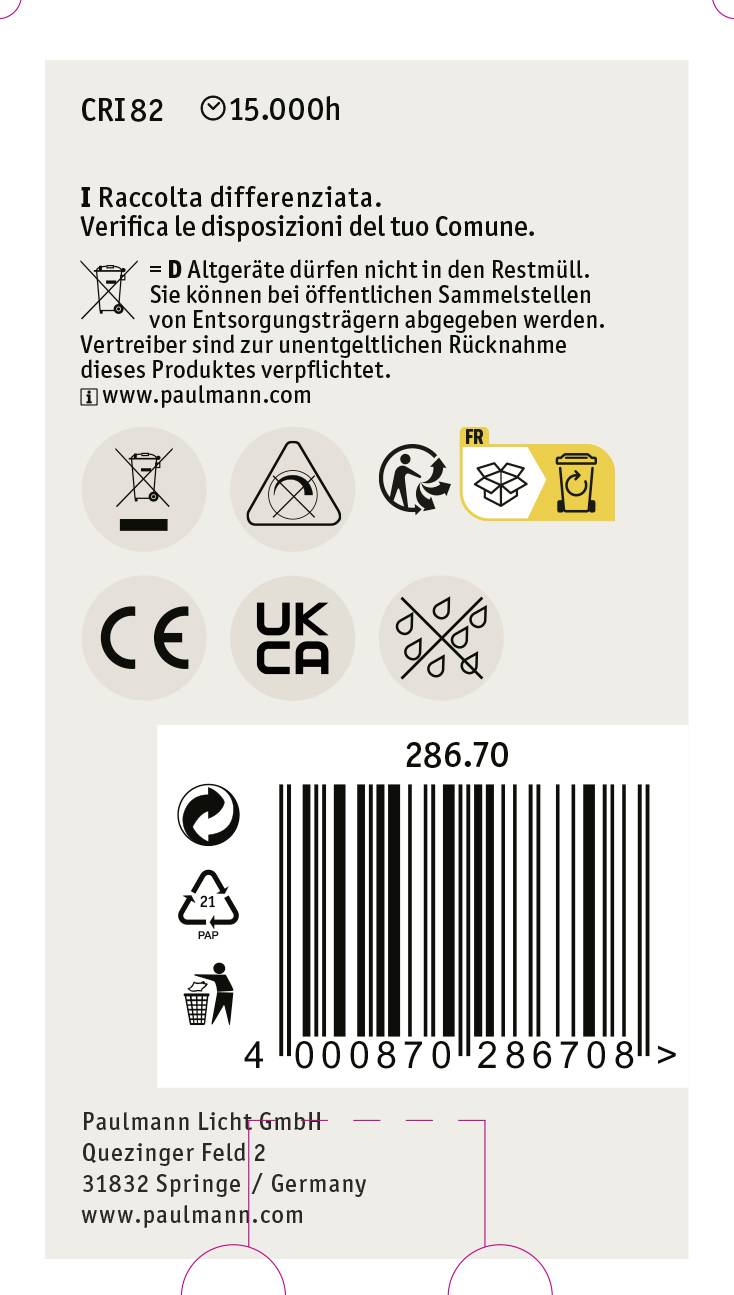 Etikett mit Energiesparsymbolen, Hersteller Paulmann Licht GmbH, Recyclinghinweisen und Barcode. Enthält Kontaktinformationen.