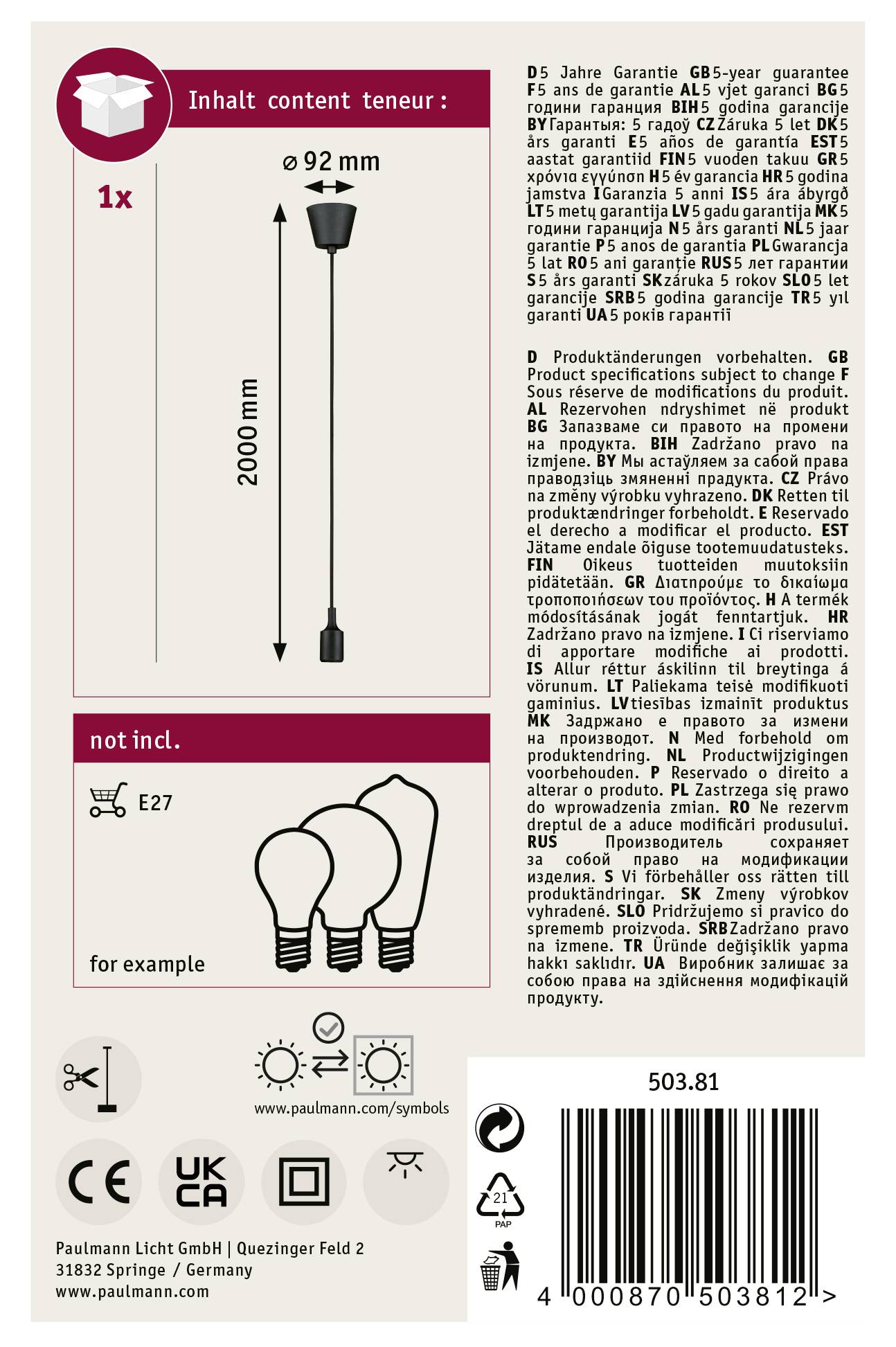 Paulmann Ketil 50381 Pendelleuchte LED E27 Schwarz