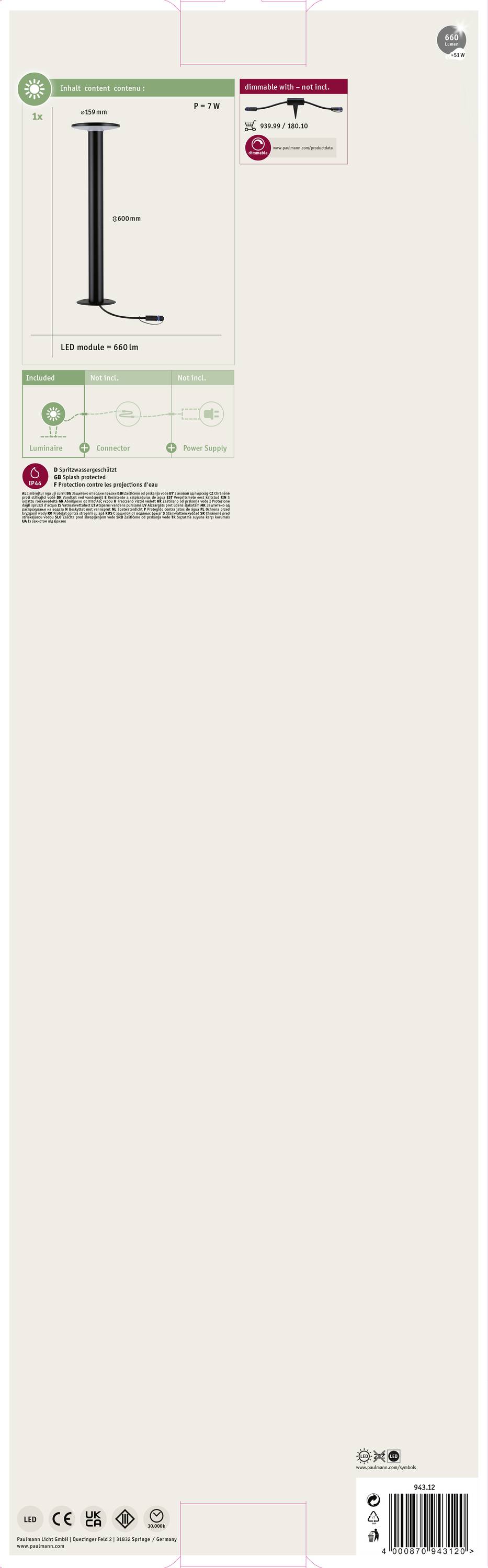 Paulmann Poller Plate 94312 Beleuchtungssystem Plug & Shine LED 6.1W Warmweiß Anthrazit