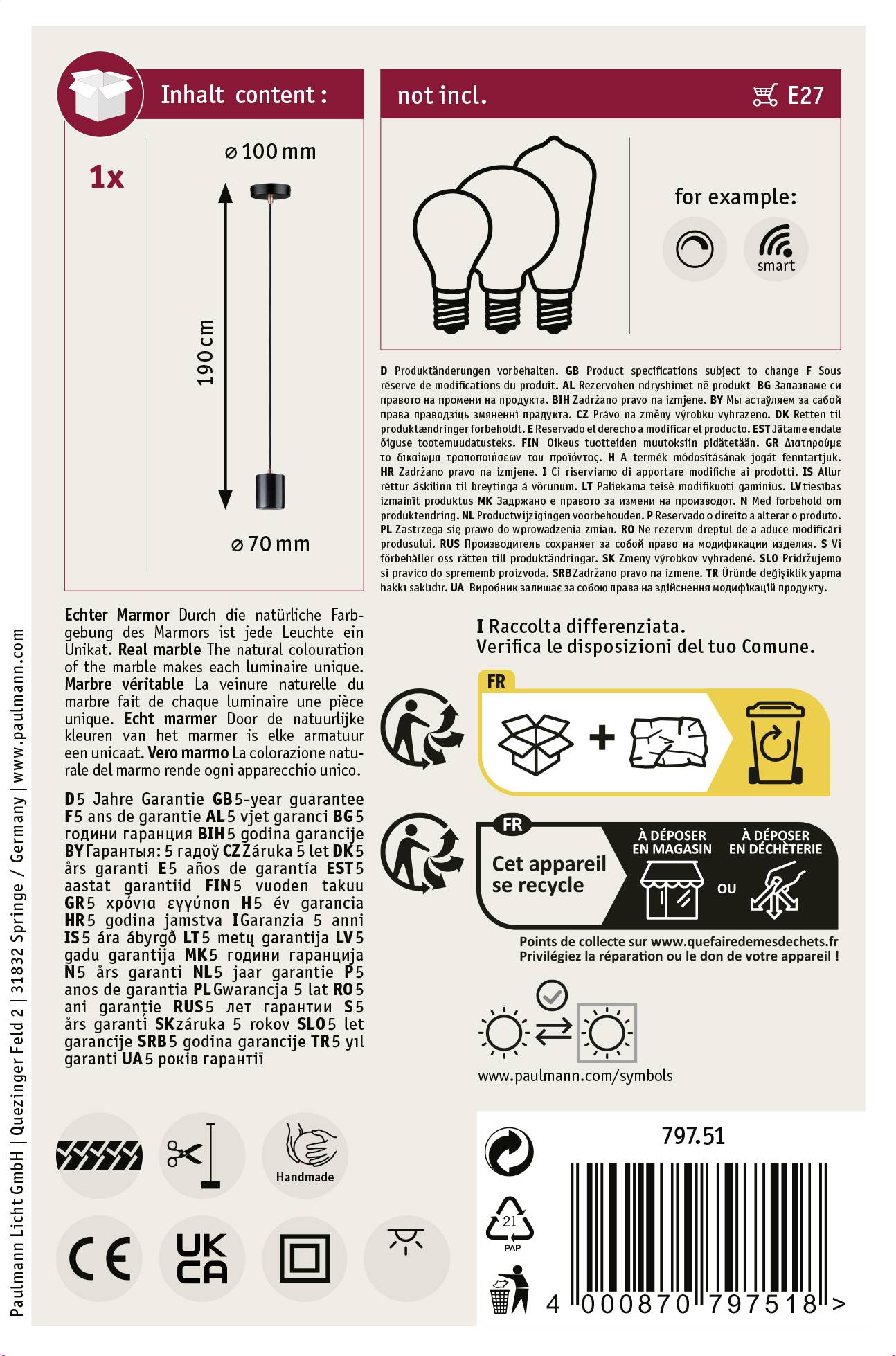 Paulmann Nordin 79751 Pendelleuchte LED E27 Schwarz, Marmor, Kupfer matt