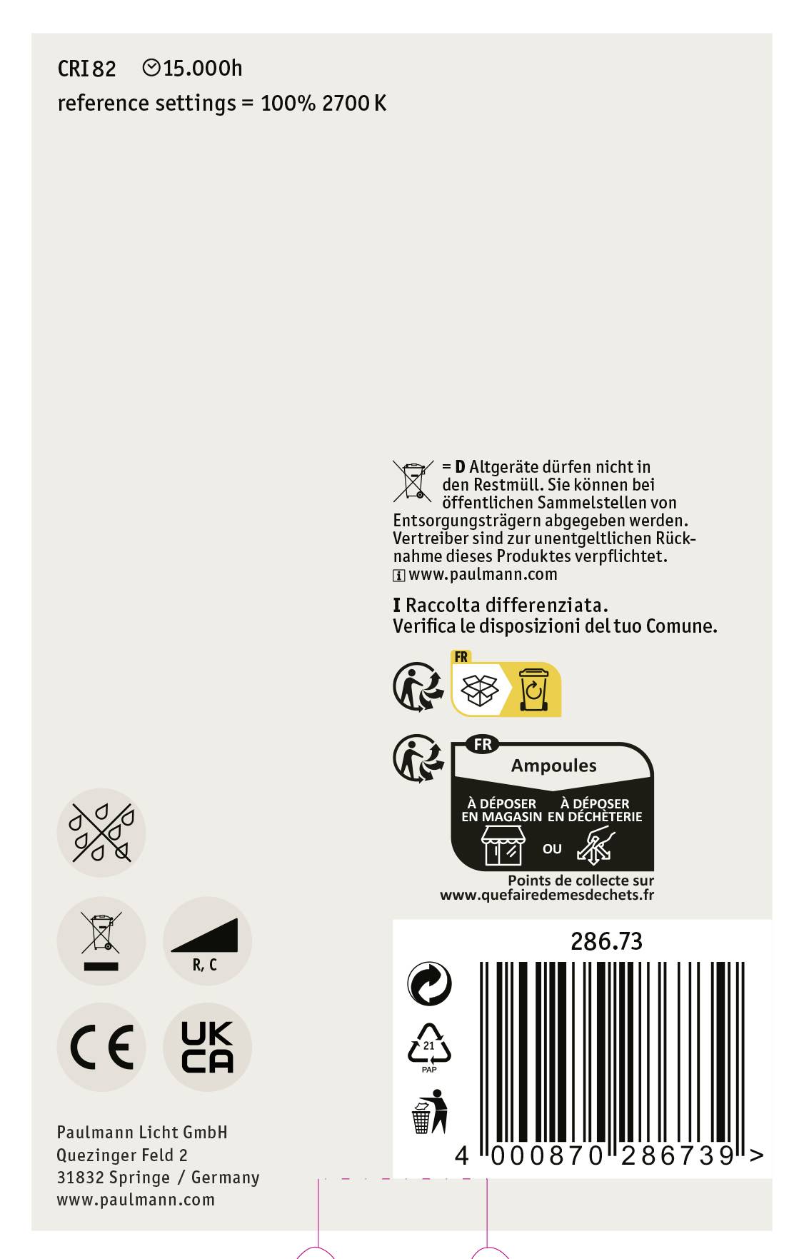 Rückseite einer Verpackung mit technischen Informationen zu einer Glühbirne: CRI82, 2700K, Entsorgungssymbole und Herstellerangaben.