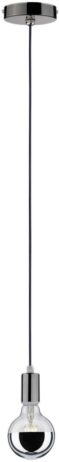 Eine minimalistische Hängelampe mit einem langen schwarzen Kabel und einer klaren Glühbirne in einem silberfarbenen Halter.