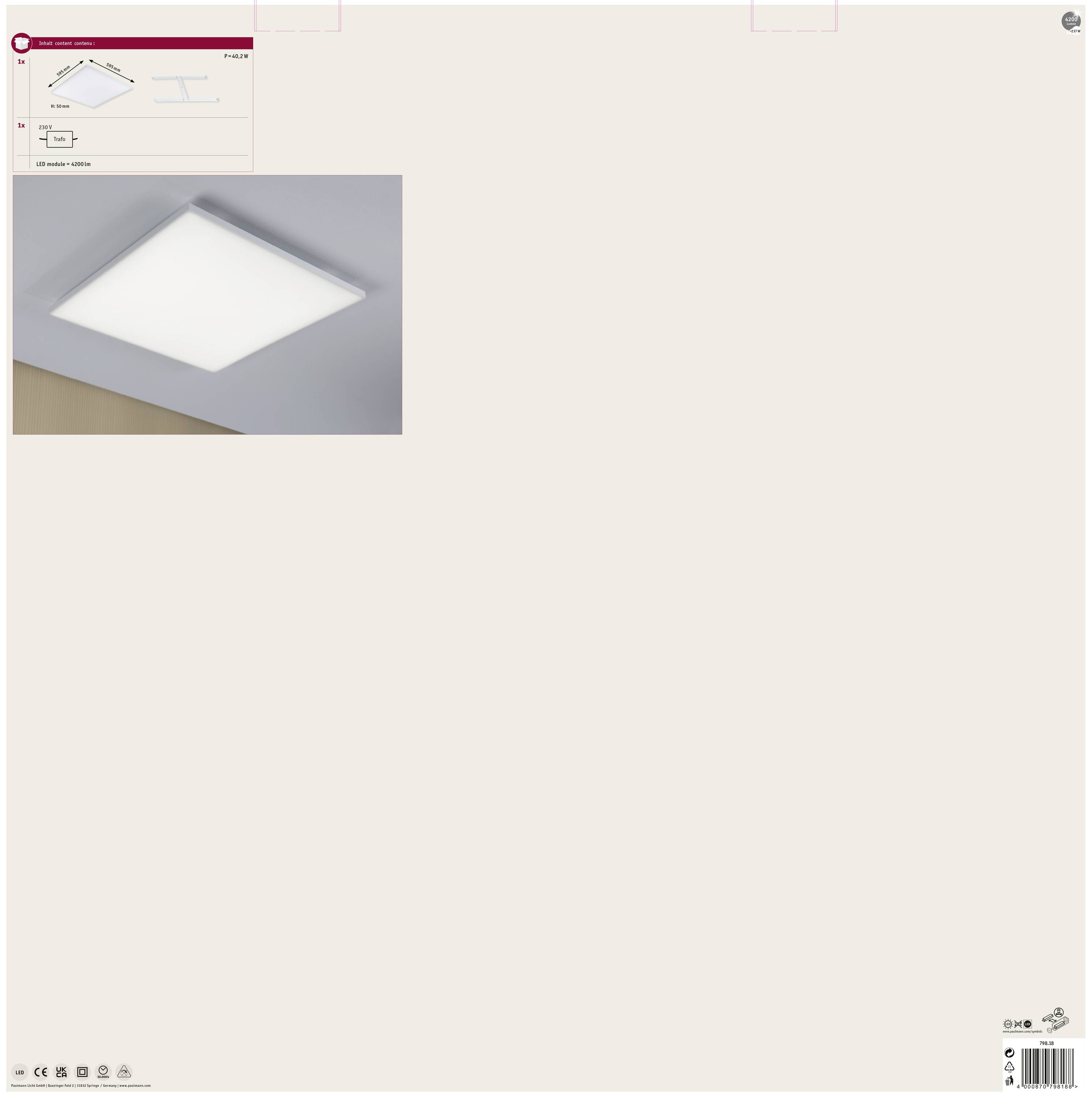 Weiße quadratische LED-Deckenleuchte auf beigem Hintergrund. Anzeige der Montageanleitung und technische Details oben links.