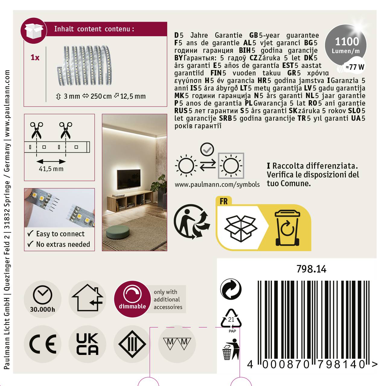 Paulmann axLED 1000 79814 LED-Streifen mit Stecker 24V 2.5m Warmweiß 2.5m