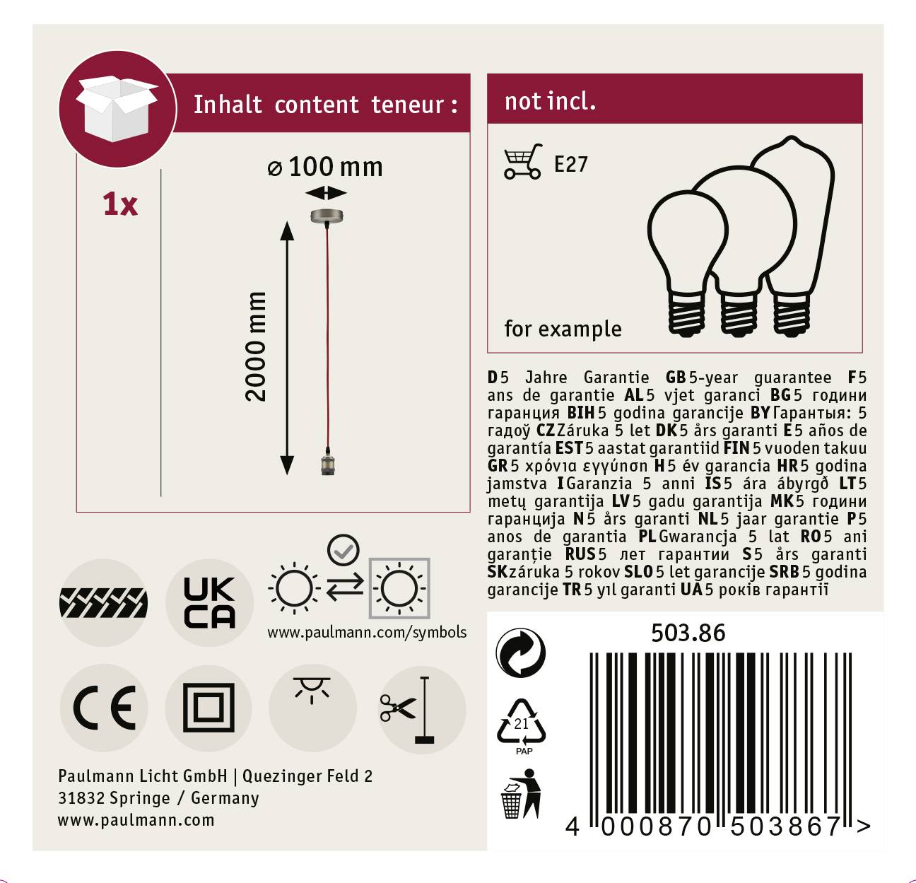 Paulmann Eldar 50386 Deckenleuchte LED E27 Rot, Nickel (gebürstet)