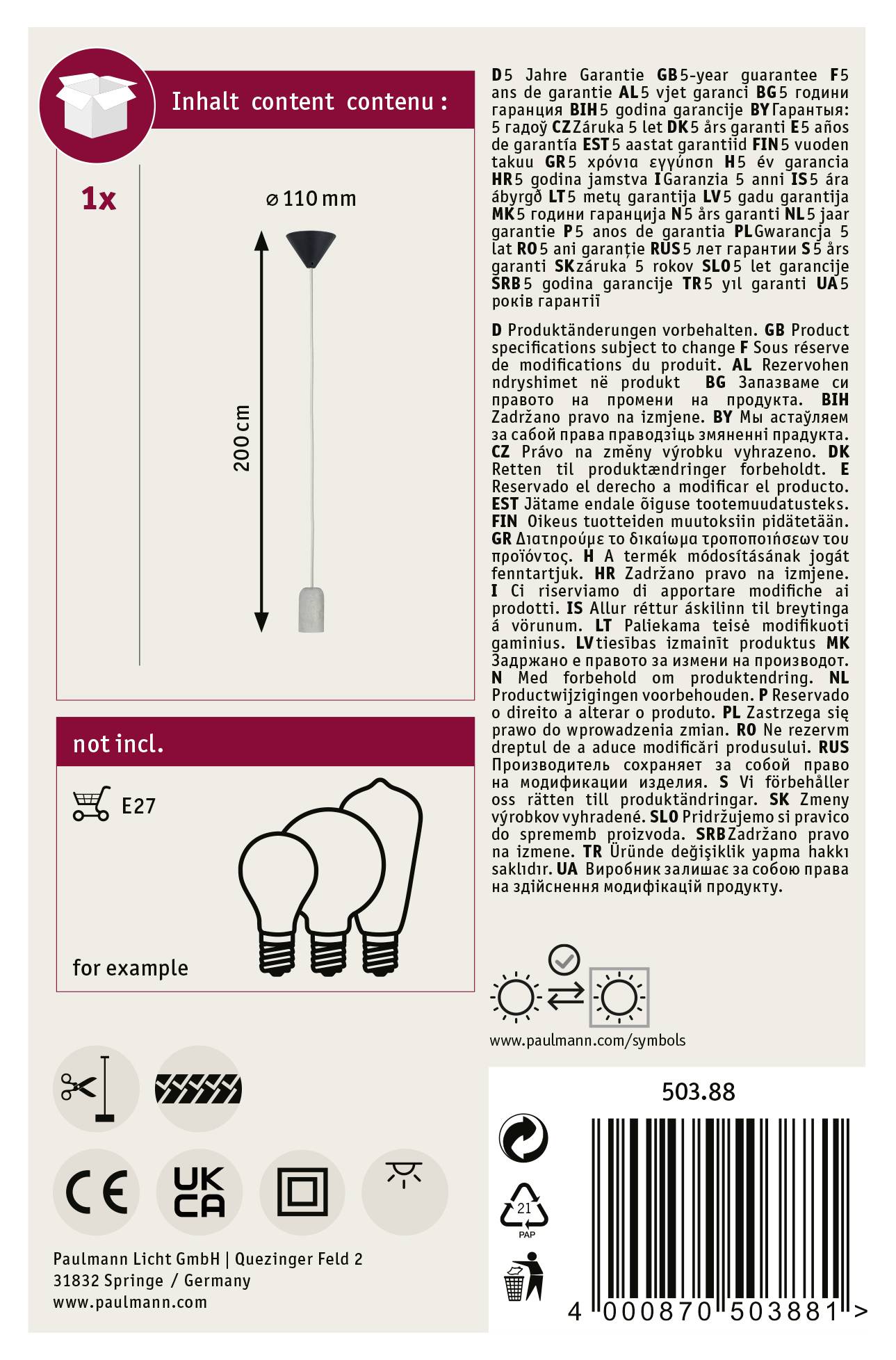 Verpackung für eine Lampe mit einem E27-Sockel. Enthält Garantiedetails, Piktogramme und Pflichtangaben in mehreren Sprachen.