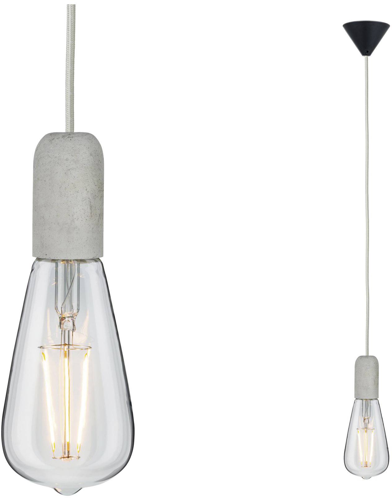 Hängelampe mit Betonfassung und klarem Glühbirnendesign, beleuchtet. Modernes, minimalistisches Design für Innenräume.