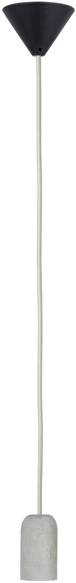 Eine minimalistische Hängelampe mit Betonfassung und schwarzem Baldachin, an einem langen, weißen Kabel hängend.