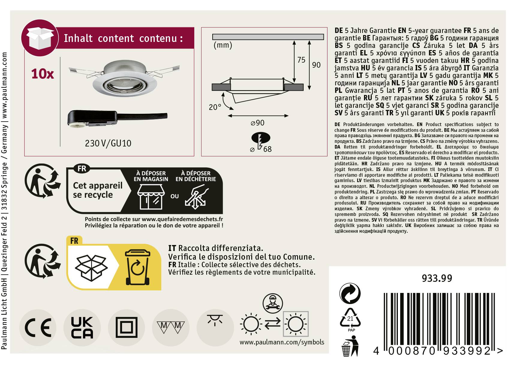 Paulmann 93399 LED-Einbauleuchte LED GU10 Eisen (gebürstet)