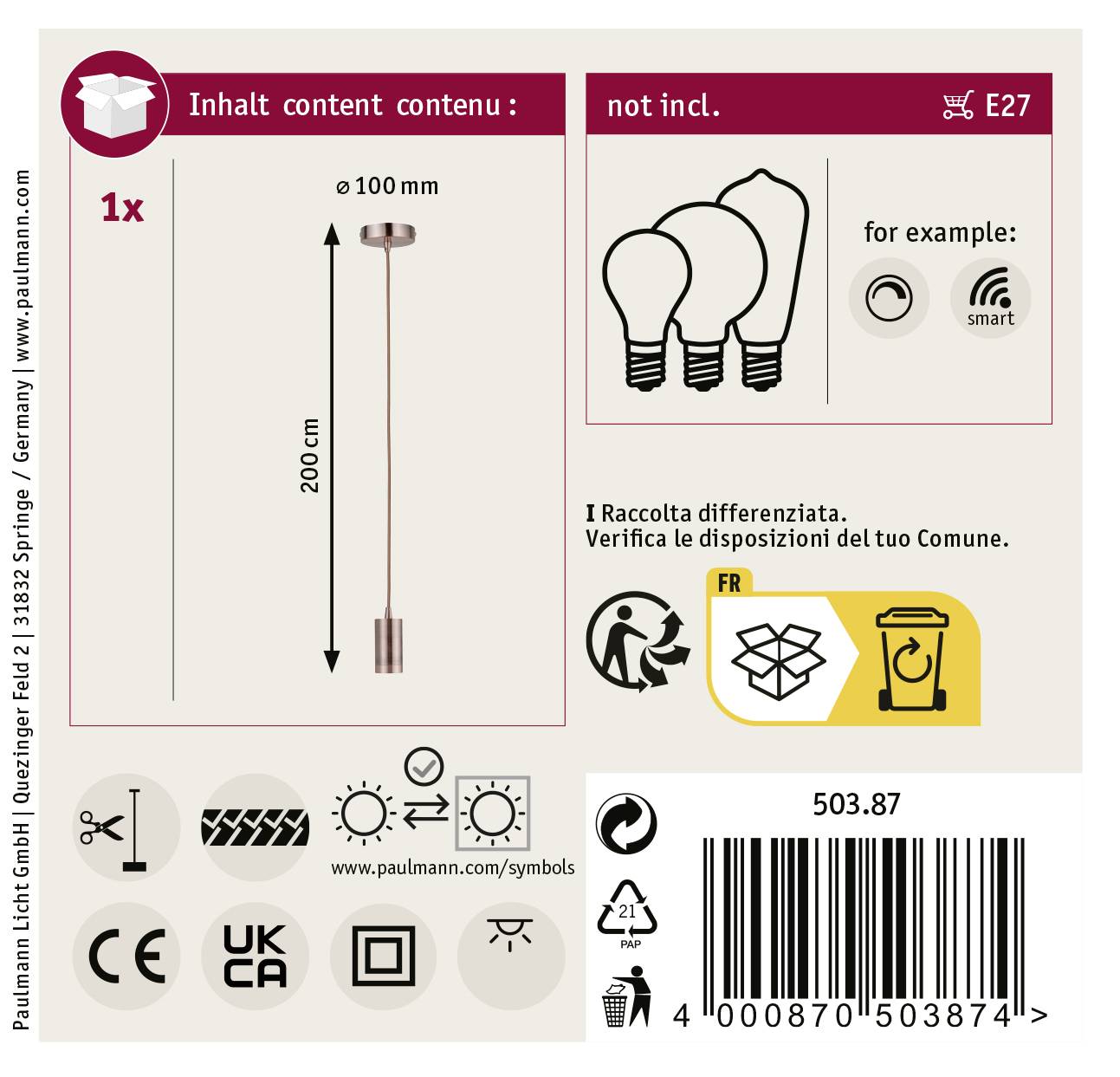 Paulmann Haldis 50387 Pendelleuchte LED E27 Kupfer