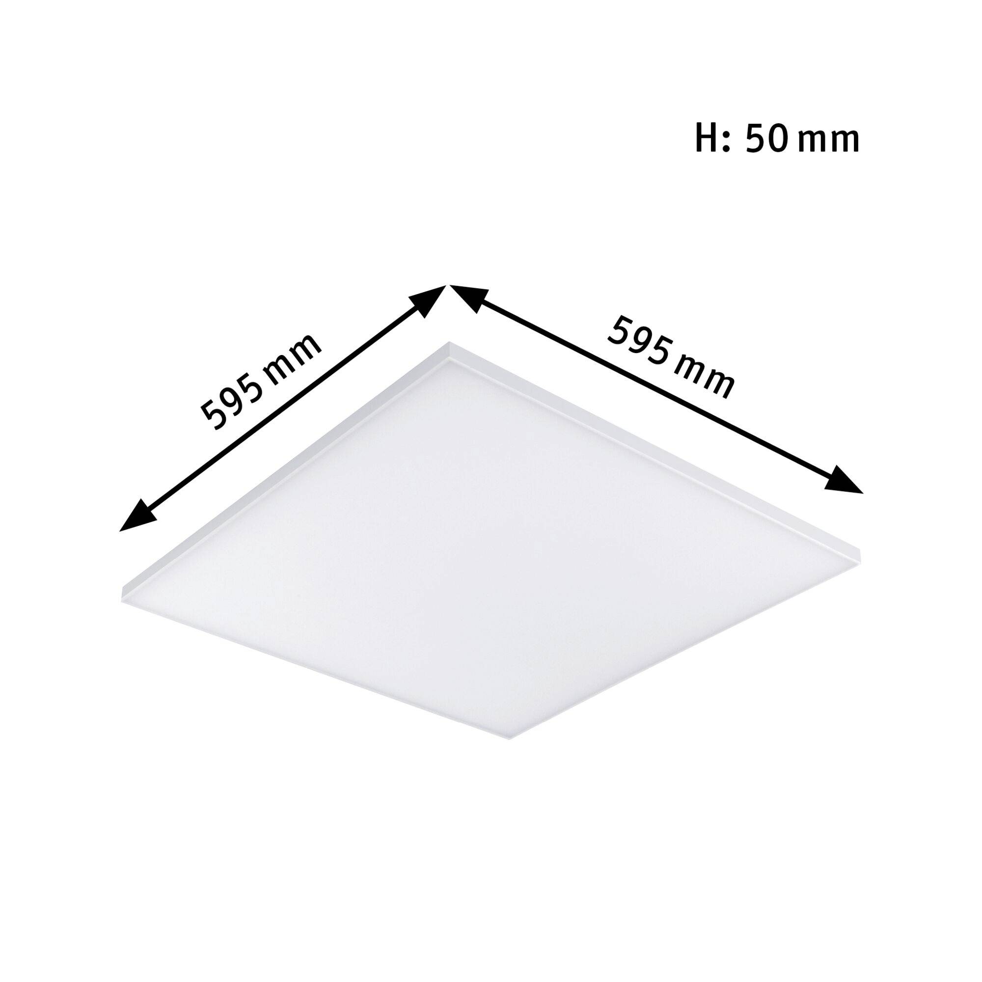 LED-Panel, quadratisch, 595 x 595 mm, Höhe 50 mm, eignet sich zur Deckenmontage, primär für Beleuchtungszwecke konzipiert.