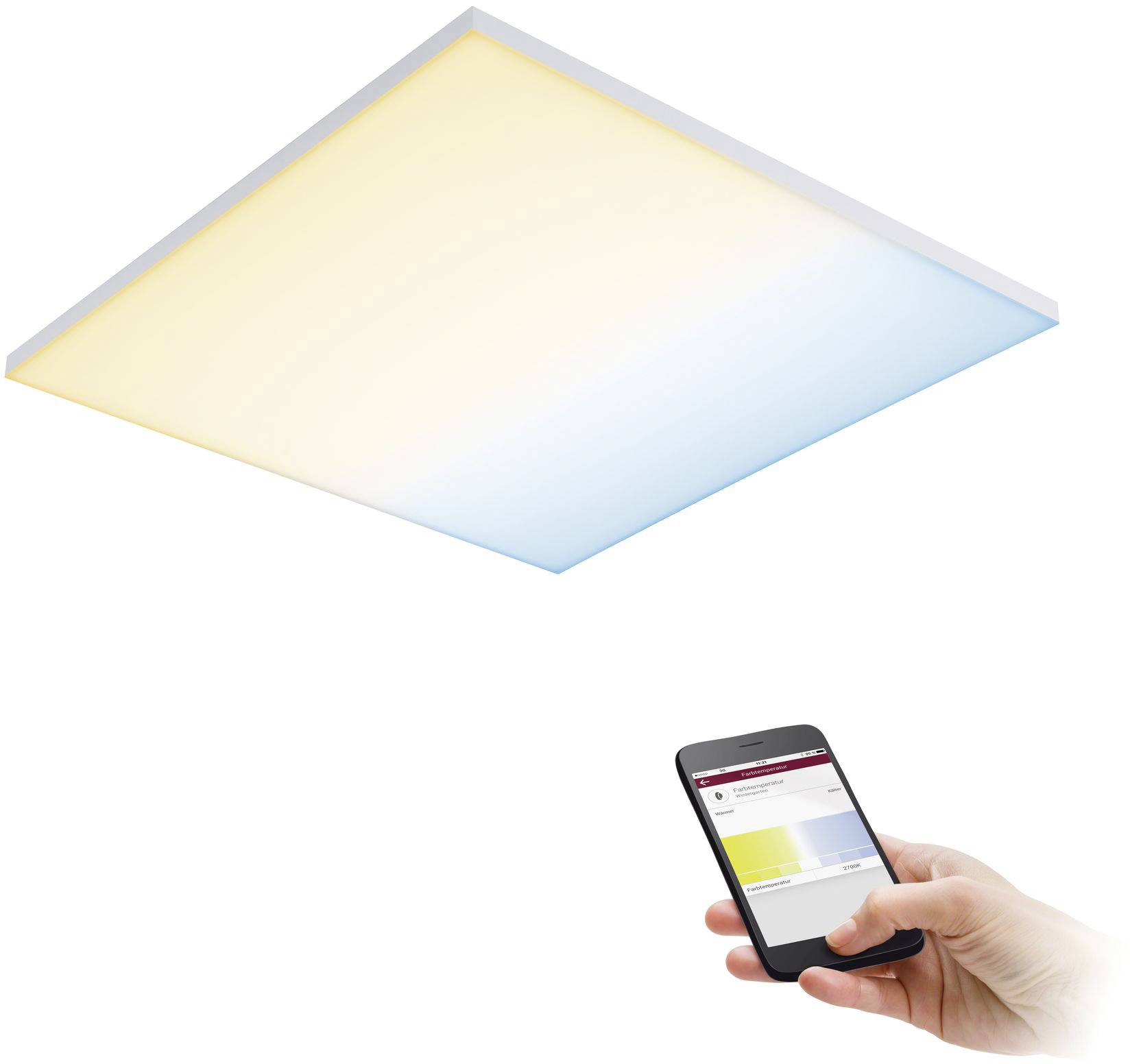 LED-Deckenleuchte mit Farbverlauf von warmem zu kühlem Licht, gesteuert von einem Smartphone in einer Hand.