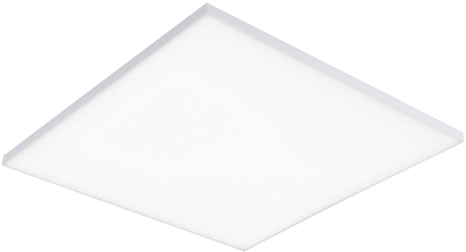 Ein quadratisches, weißes LED-Deckenpanel strahlt gleichmäßiges Licht aus und ist geeignet für moderne Innenbeleuchtung.