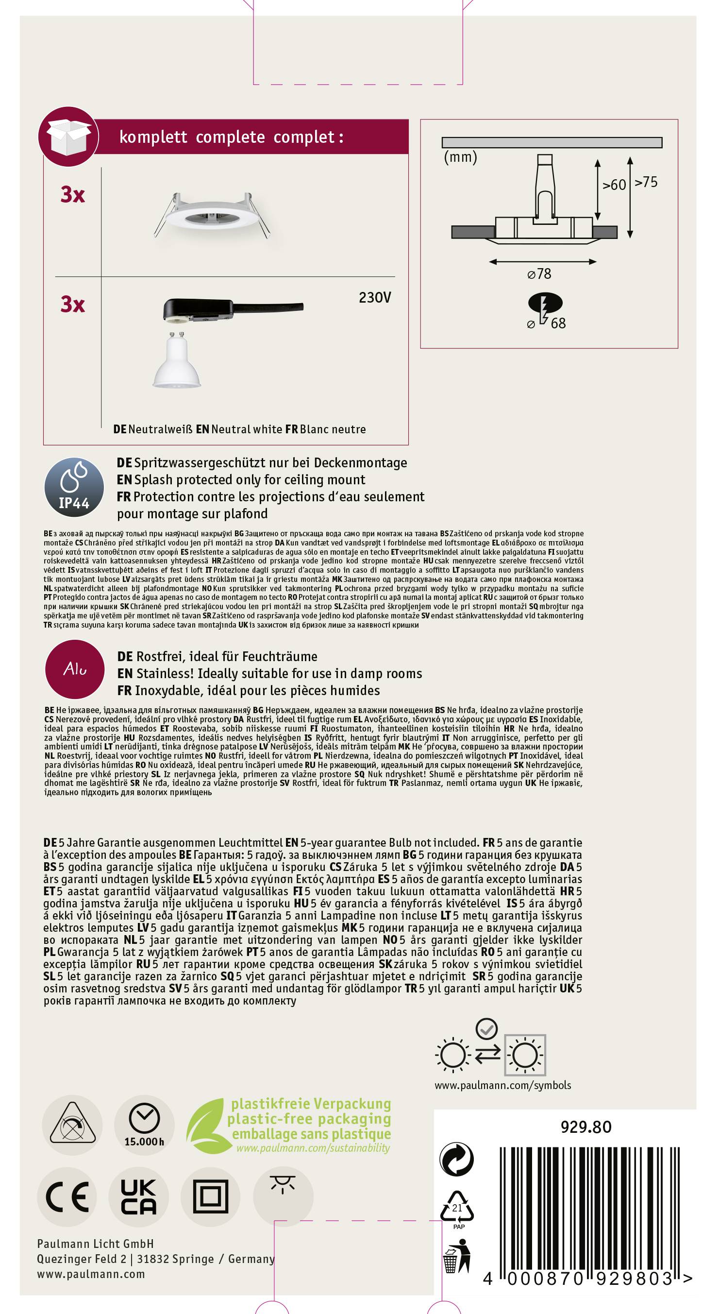 Paulmann 92980 LED-Einbauleuchte 3er Set LED GU10 19.5W Weiß (matt)