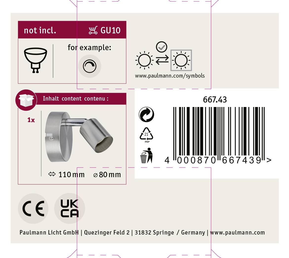Paulmann Spotlight Carolina 66743 Wandleuchte GU10 LED Nickel (matt)