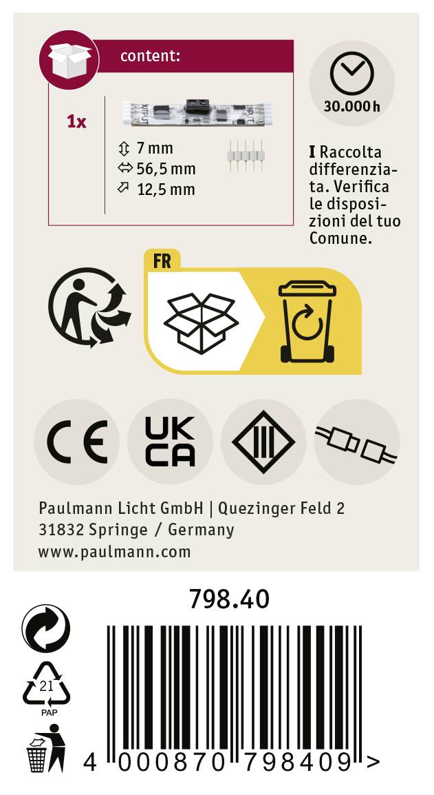 Verpackung eines LED-Leuchtmittels mit Produktspezifikationen, Warnhinweisen und Kontaktinformationen des Herstellers.
