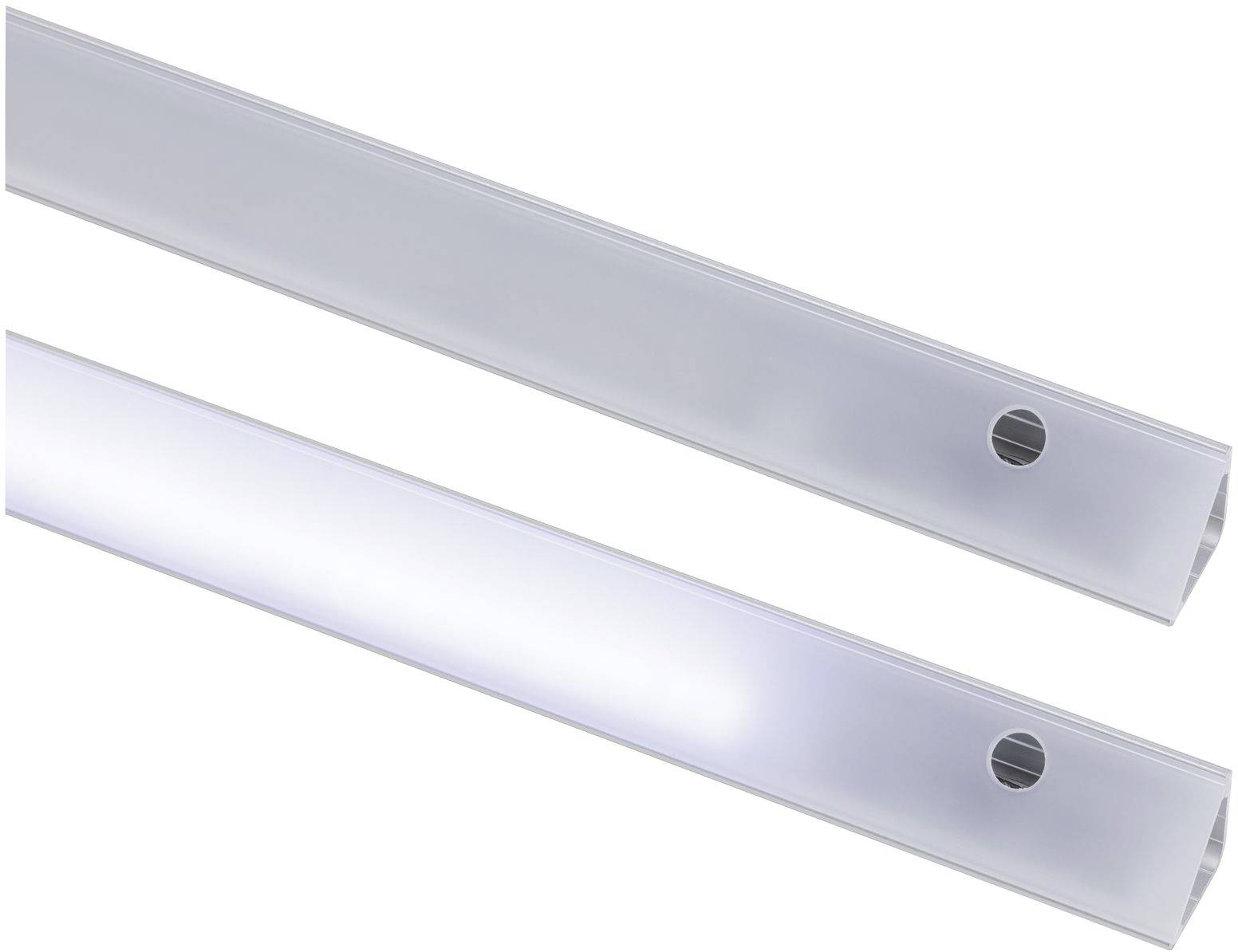 Zwei längliche LED-Leisten mit seitlichen Befestigungsbohrungen, eine ausgeschaltet, die andere leuchtet weiß.