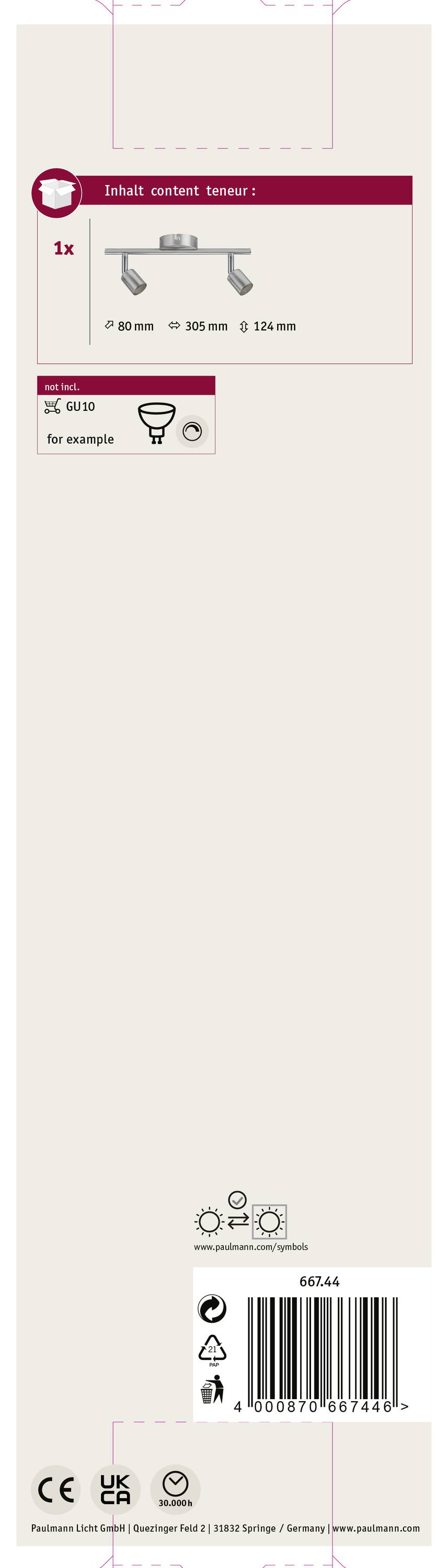 Paulmann Spotlight Carolina 66744 Wandleuchte GU10 LED Nickel (matt)